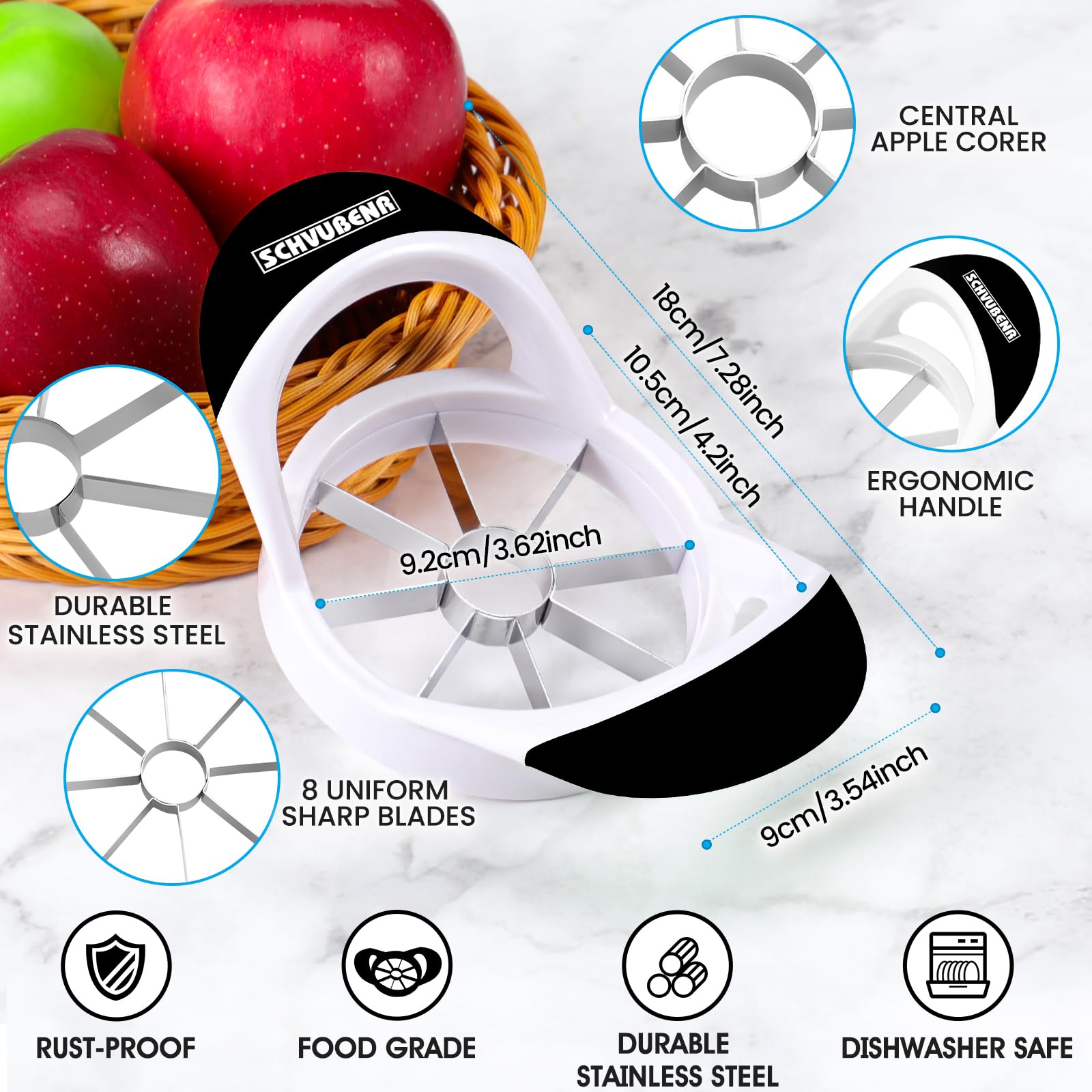 Schvubenr 3.5 Inch Apple Slicer - Professional Stainless Steel Apple Corer/Cutter - Super Sharp - Apple Corer Tool With 8 Sharp