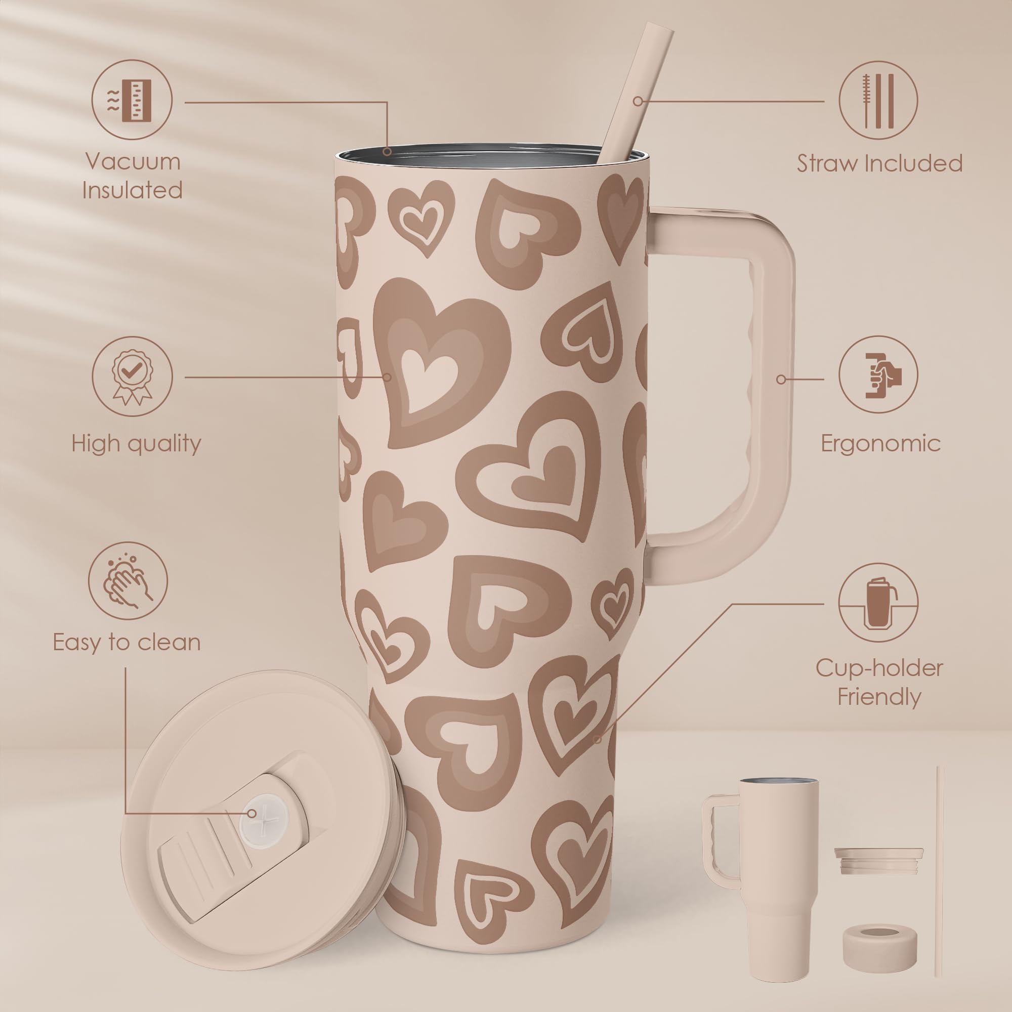 Heart Tumbler with Handle and Straw 40oz - Stainless Sleel Slider Tumbler Travel Coffee Mug for Women - Gift Idea for Birthday C