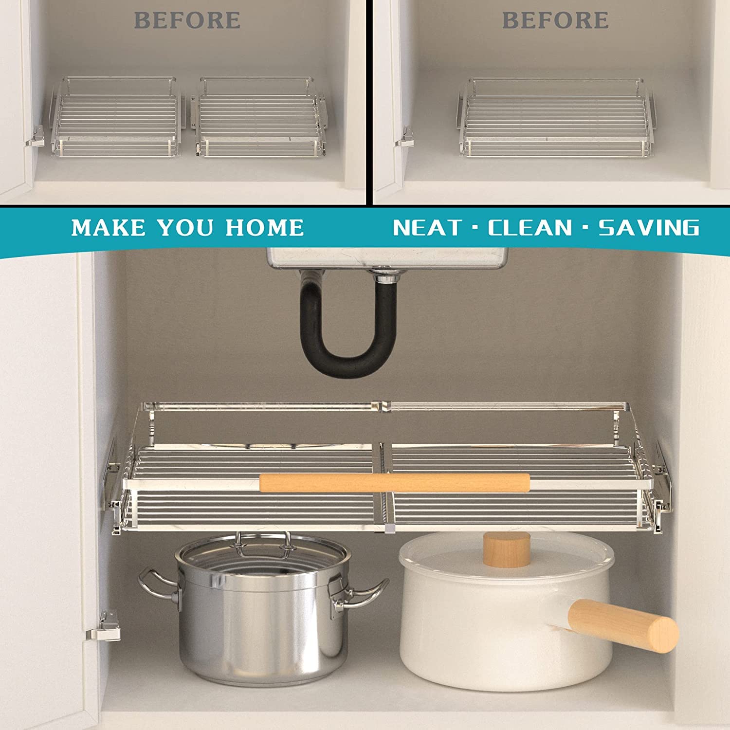 Miyuptc Expandable Sliding Basket, Pull-Out Cabinet Organizer, Heavy Duty Slide Out Pantry Shelves Sliding Drawer Storage For Ki