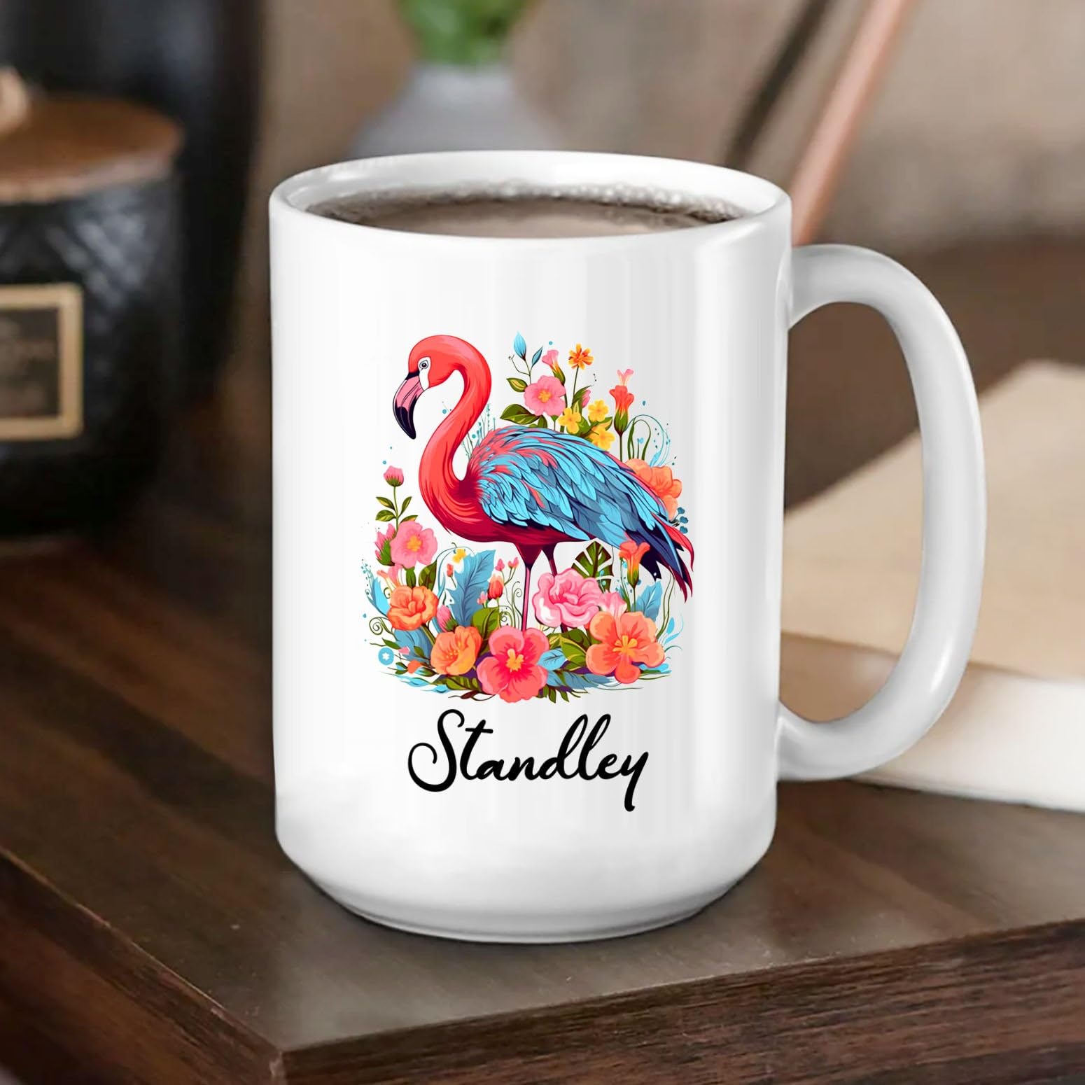 Personalized Name Flamingo White Ceramic Mug Gift For Dad Mom Sister Birthday, Customized Flamingo Lover Coffee Mug Cup 11 Oz 15