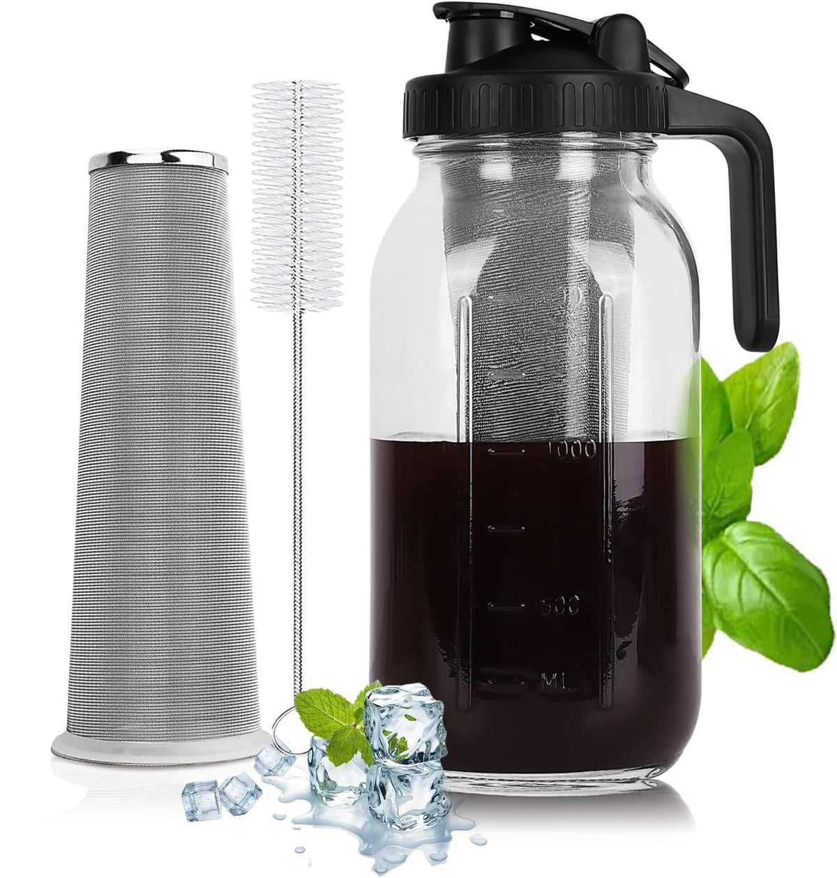 Pnhytugy Cold Brew Coffee Maker - 64 Oz Heavy Duty Glass Mason Jar Pitcher With Stainless Steel Filter, Pour Spout Handle Lid, L
