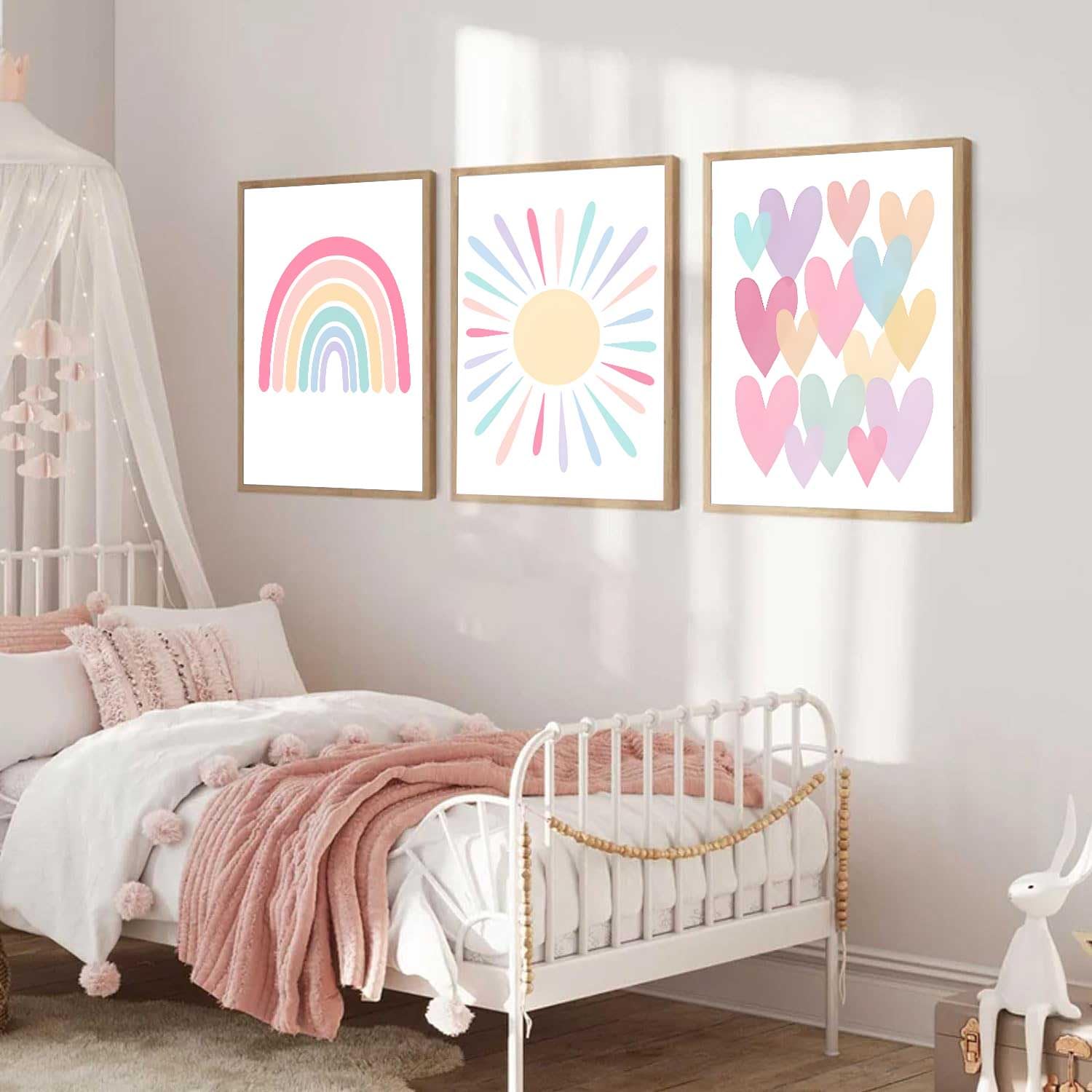 3Pcs Pink Nursery Canvas Wall Art Pastel Rainbow Sun Hearts Posters Prints Boho Pink Sunshine Painting Wall Decor Pictures For T
