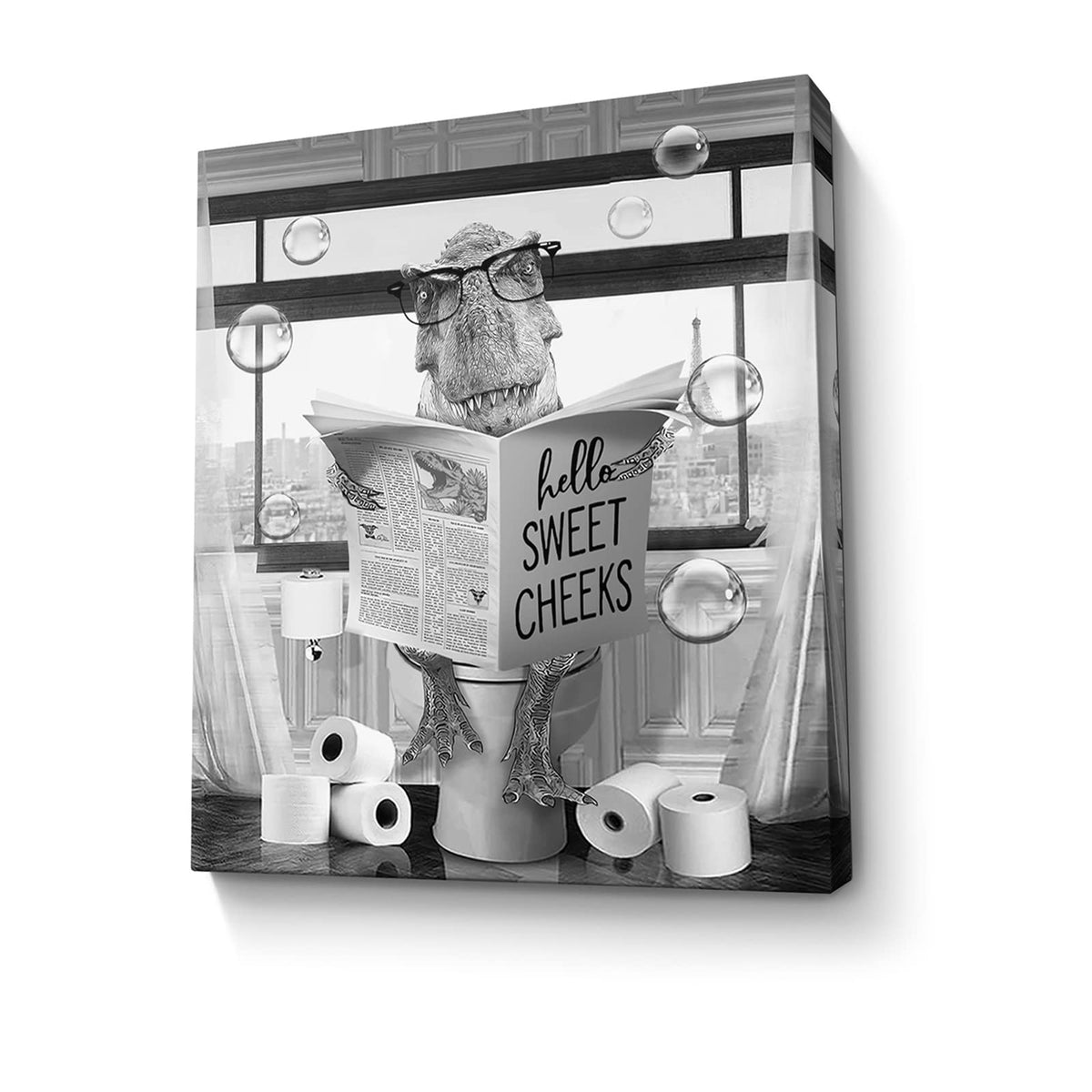 Funny Dinosaur Wall Art Black And White Bathroom Print Farmhouse Bathroom Animals Wall Decor Dinosaur Sitting In Toilet Reading