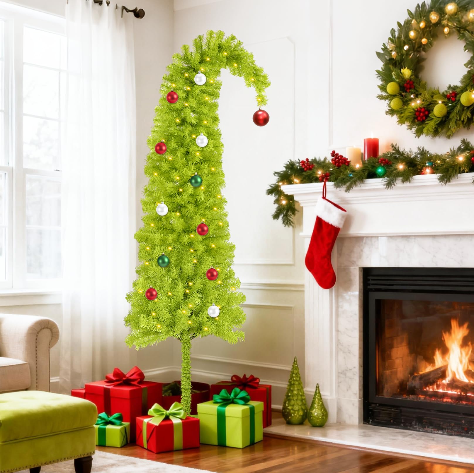 HMASYO 5ft Whimsical Artificial Christmas Tree with 150 LED Timer Lights, Lime Green Bendable Christmas Tree with Ball Ornaments