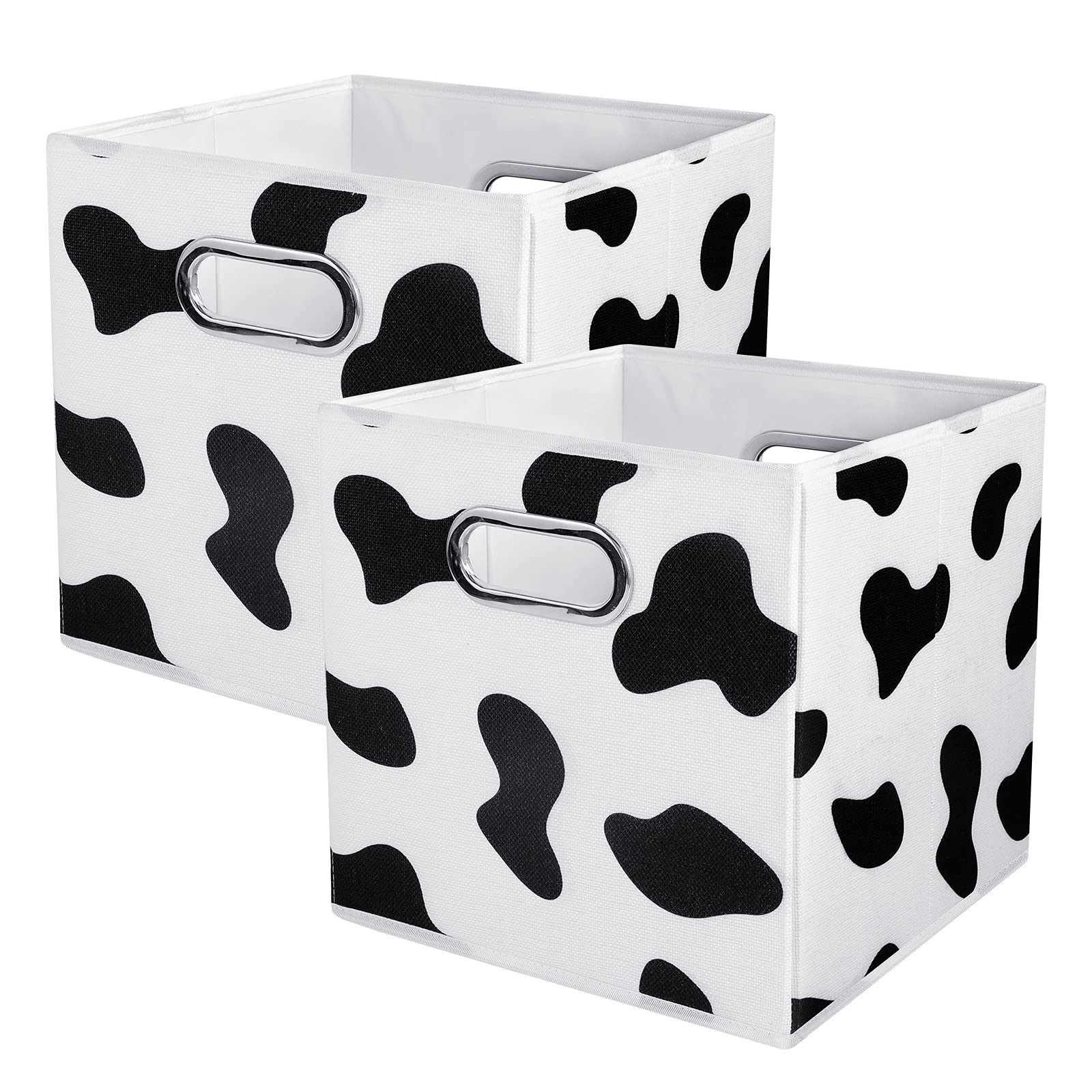 Anminy 2Pcs Storage Cubes Set Cow Print Large Cotton Linen Fabric Storage Bins Baskets Box With Handles Pp Plastic Board Foldabl