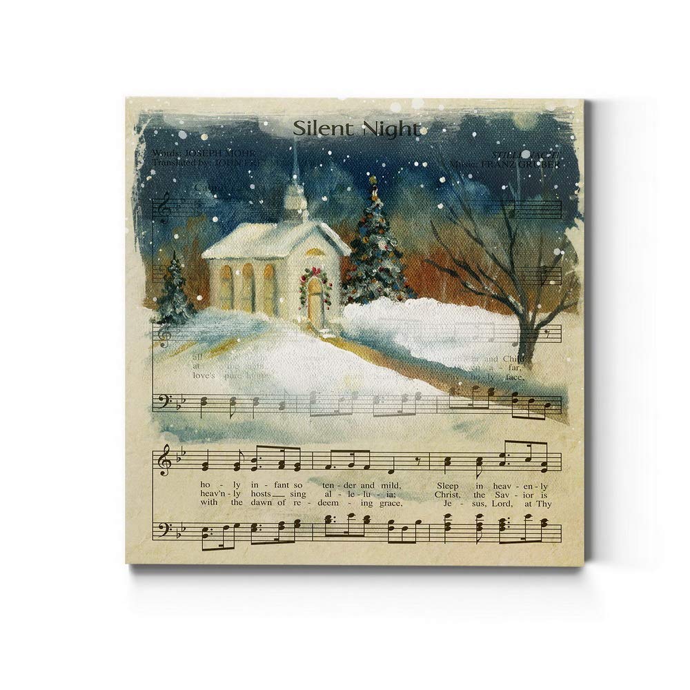 Renditions Gallery Silent Night Sheet Music Wall Art, Cute Christmas Carol & Winter Artwork, Church & Steeple, Premium Gallery W