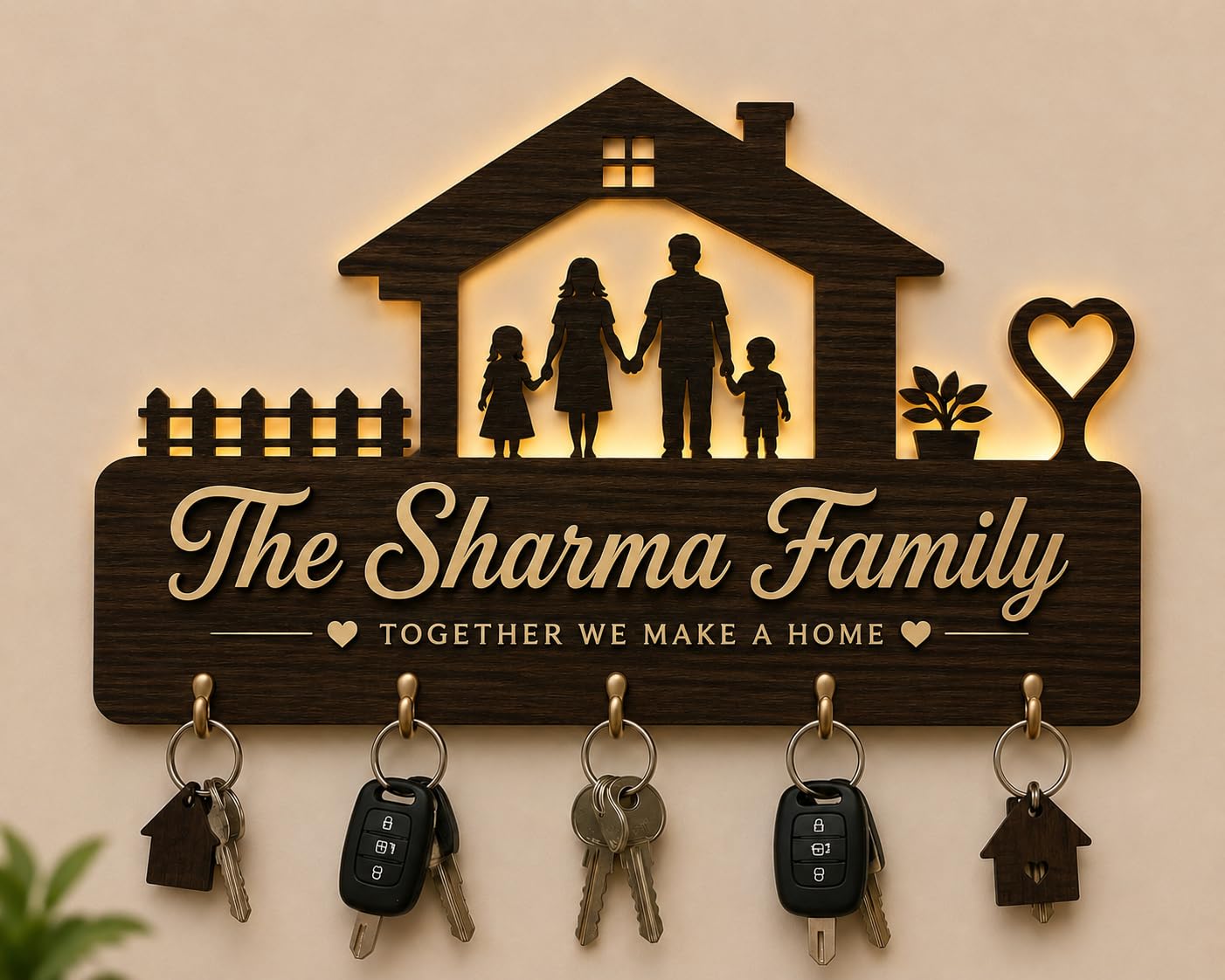 Siddhanchal Decor Personalized Family Name Wooden Key Holder for Wall | Customised Home Entrance Key Hanger with 5 Hooks, Housew