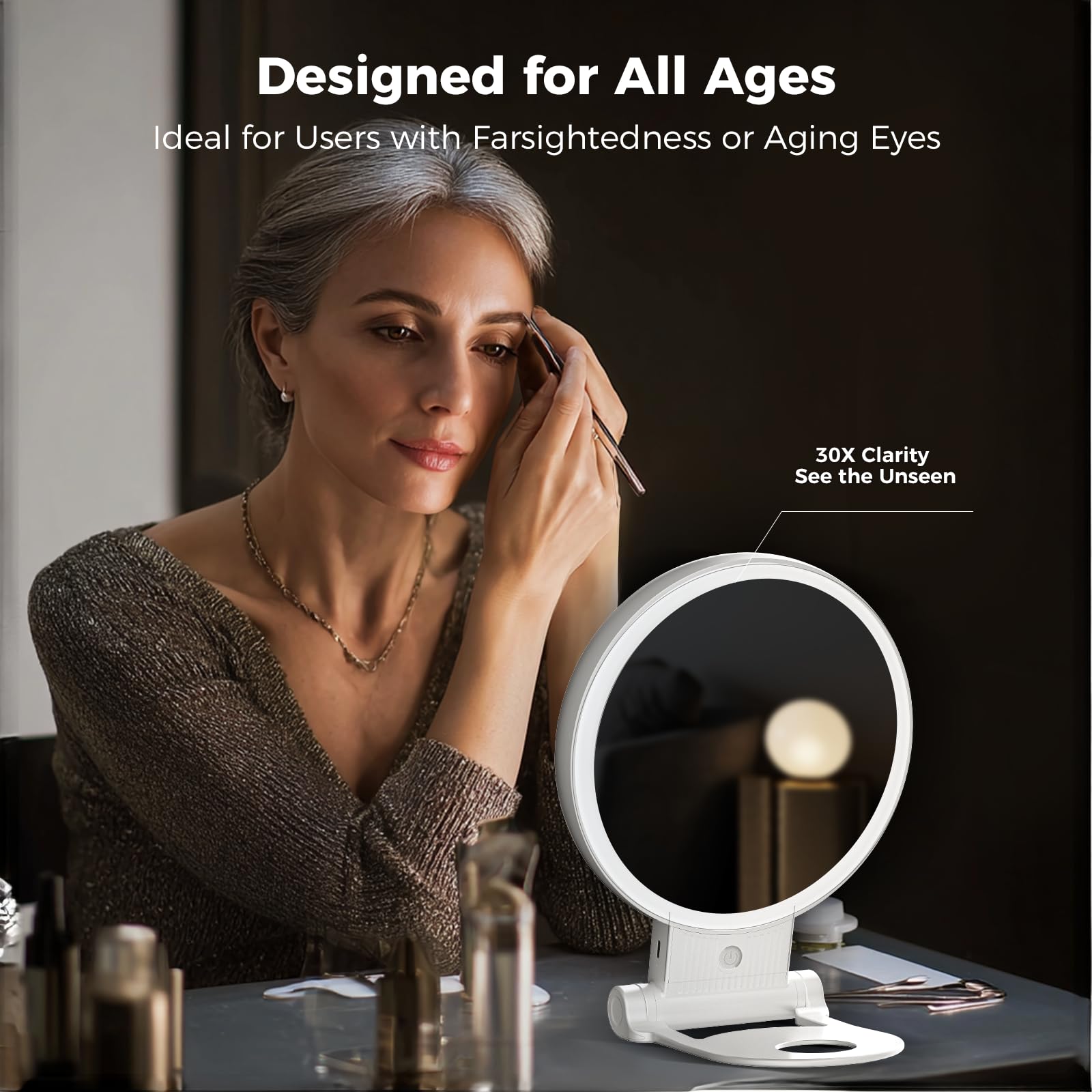 tubbede 1X/30X Lighted Makeup Mirror with Magnification, Double-Sided Switch, 3-Color Lights, 2000mAh Rechargeable, Adjustable B