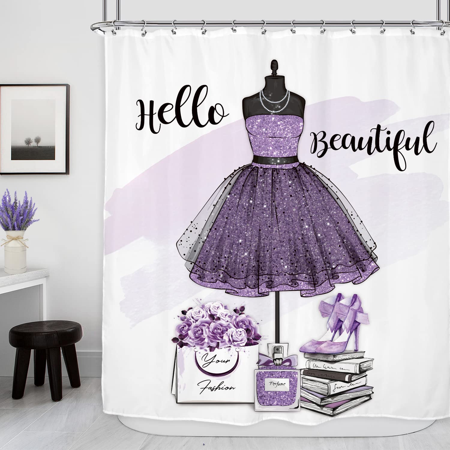 Riyidecor Fashion Women Dresses Shower Curtain 60Wx72H Inch Girly Purple Modern For Girls High Heel Perfume Bottle Floral Handba