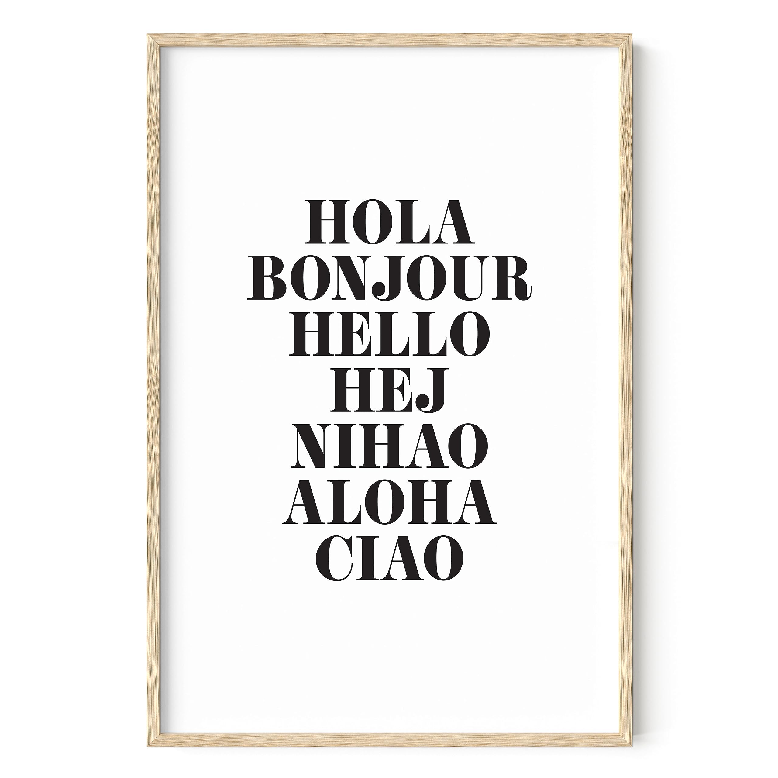 Ripgrip Hello In Different Words Art Print - Minimalist Themed Home Office Apartment Wall Decor, Black And White Typography Post