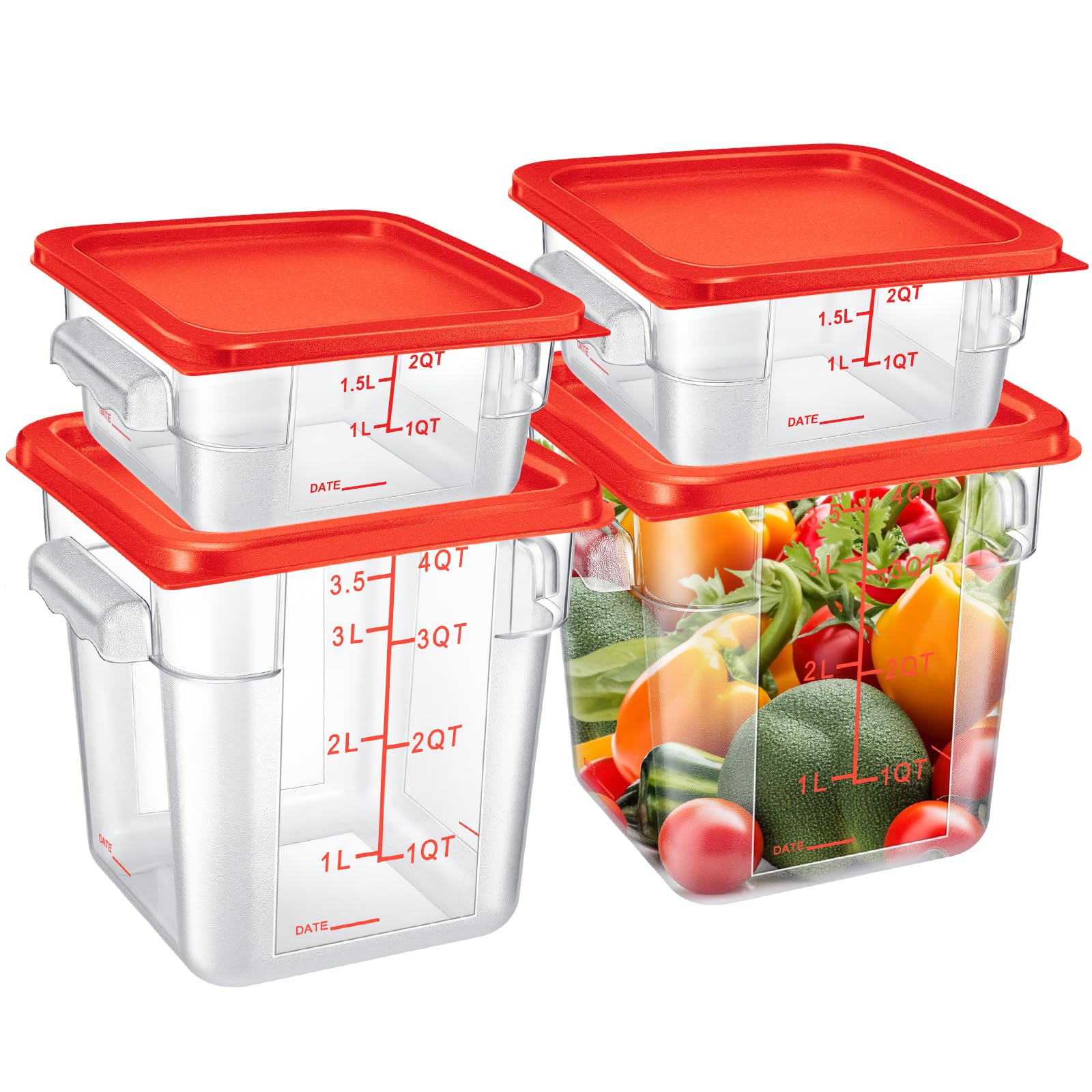 Barydat 4 Pcs Food Storage Container With Lids Set 2Qt And 4Qt Square Clear Commercial Containers With Scales Handles For Home R