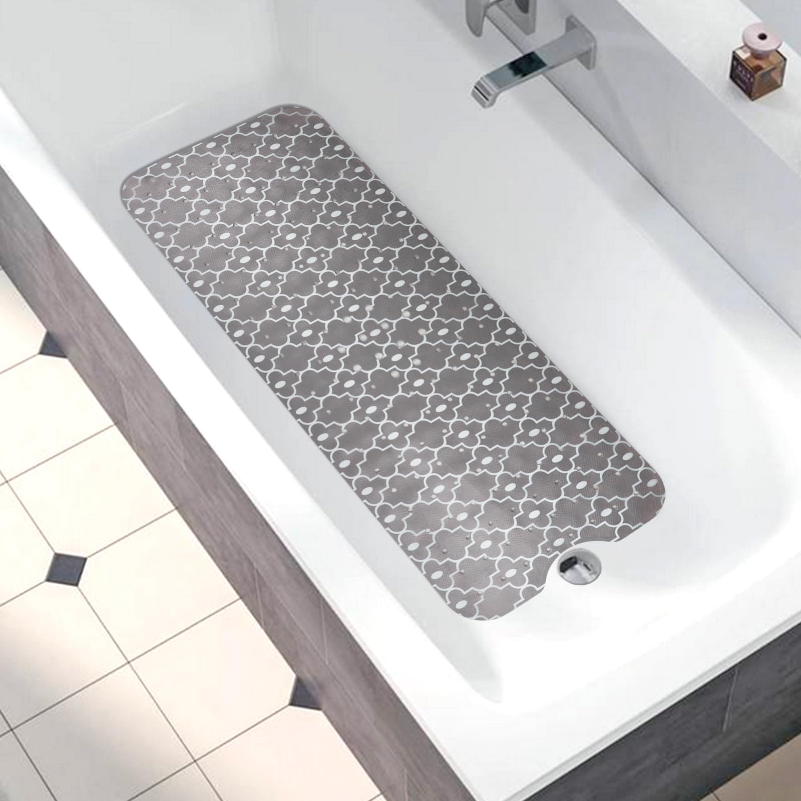 Bathtub Mat Non Slip, Grey Extra Long Bath Tub Mat Shower Floor Mat With Suction Cups And Drain Holes For Adults Kids Elderly 40