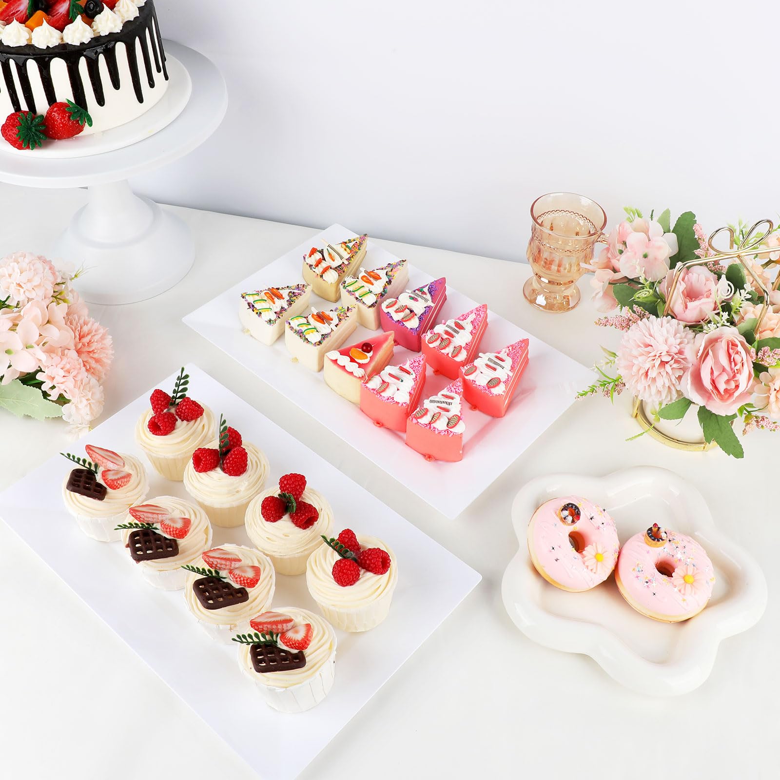 Mwellewm 12 Pcs White Plastic Serving Trays, 14''X9'' Rectangle Dessert Trays For Dessert Table, Party Food Display Set Disposab