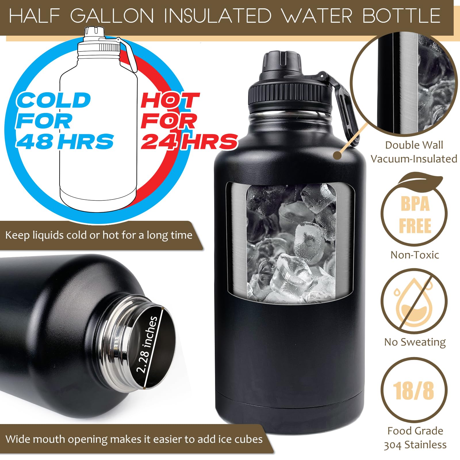 Defunx 64 Oz Water Bottle Insulated With Sleeve (Camo Black) - Half Gallon Water Jug With Handle - Stainless Steel Sports Water