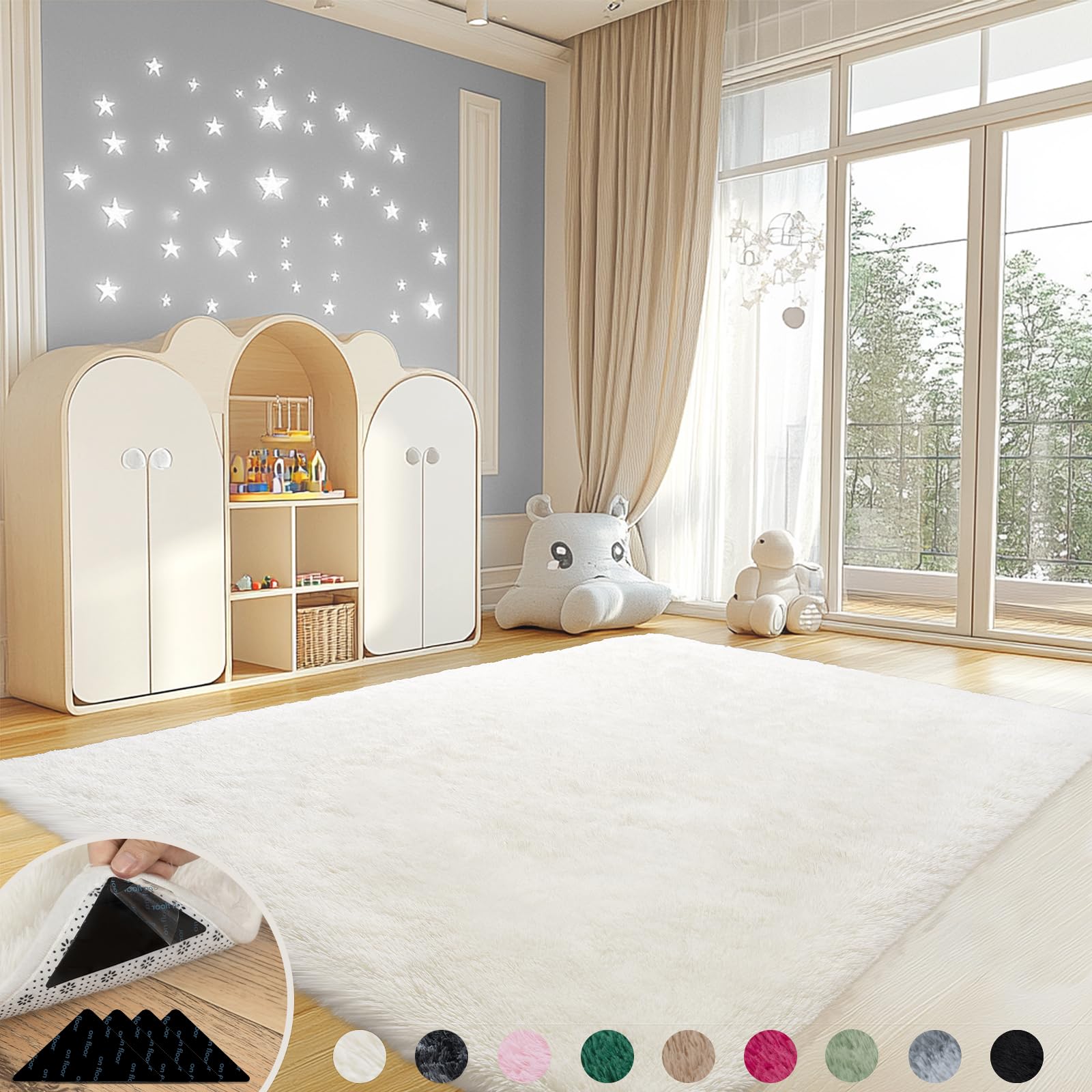 Mugorn 4x6 Rugs for Living Room, Large Fluffy Cream White Area Rugs for Bedroom, Soft Carpet Shag Kids Rug with 4 Non-Slip Rug P
