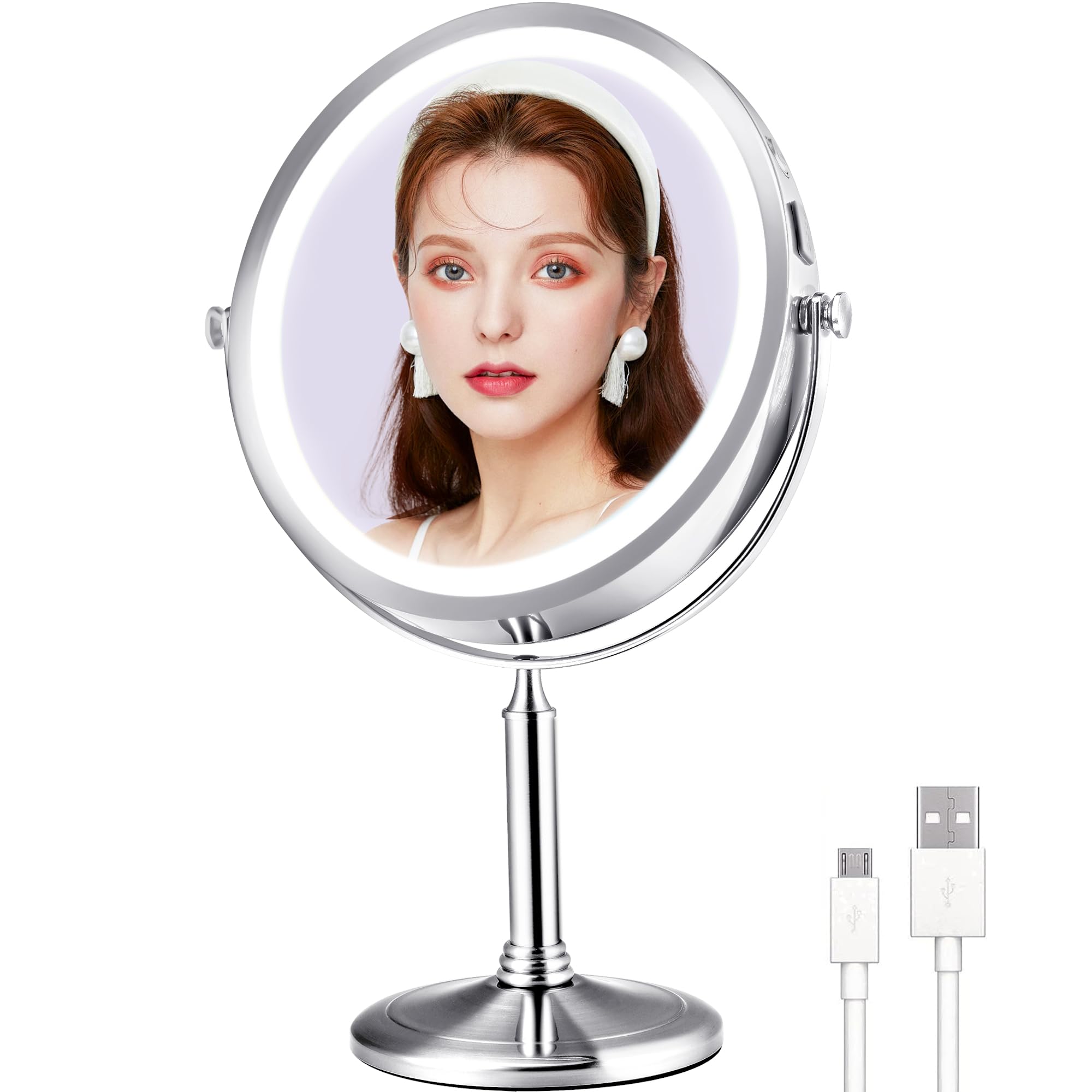 10X Large Lighted Makeup Mirror, Rechargeable 8'' Vanity Mirror With 3 Colors Dimmable Light,1X/10X Double Sided Hd Undistorted