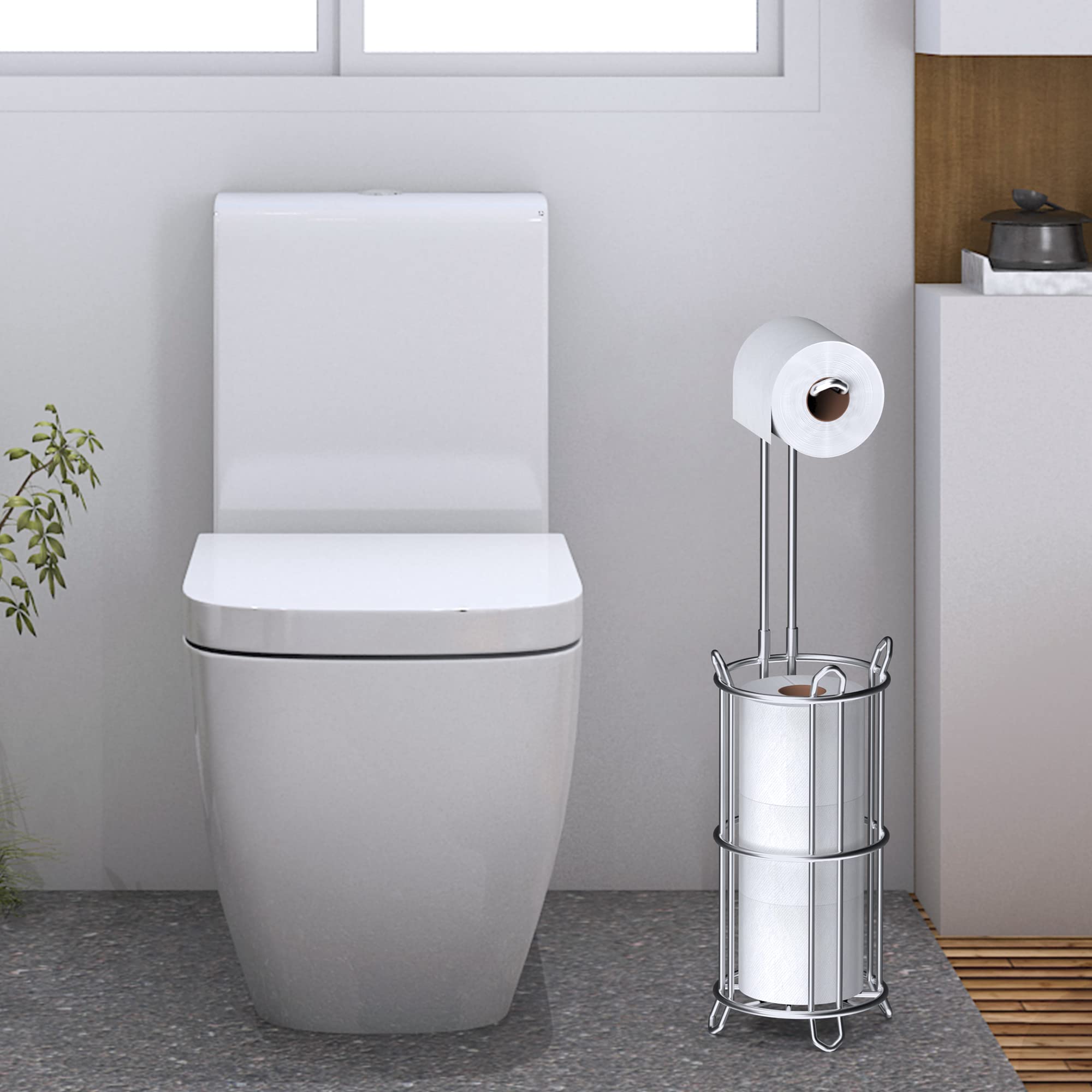 Meangood Toilet Paper Holder Stand and Tissue Paper Roll Dispenser for 4 Mega Rolls  Bathroom Free Standing Tissue Roll Storage Holder Rack  Metal Wire Silver