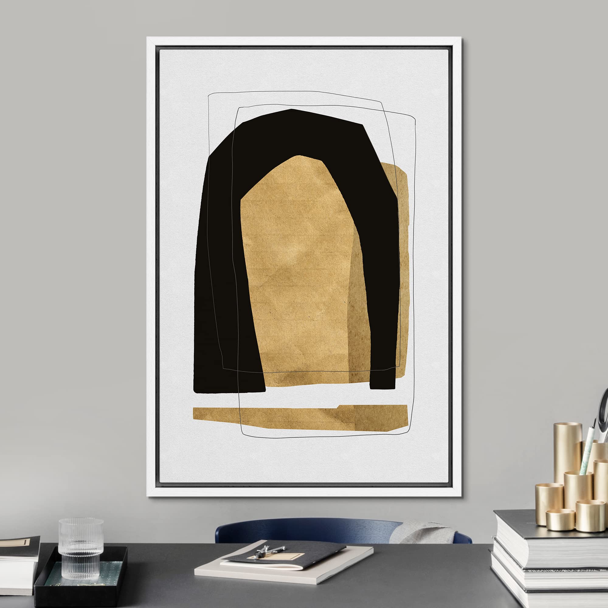 Signford Framed Canvas Print Wall Art Gold Black Geometric Polygon Landscape Abstract Shapes Illustrations Modern Art Decorative