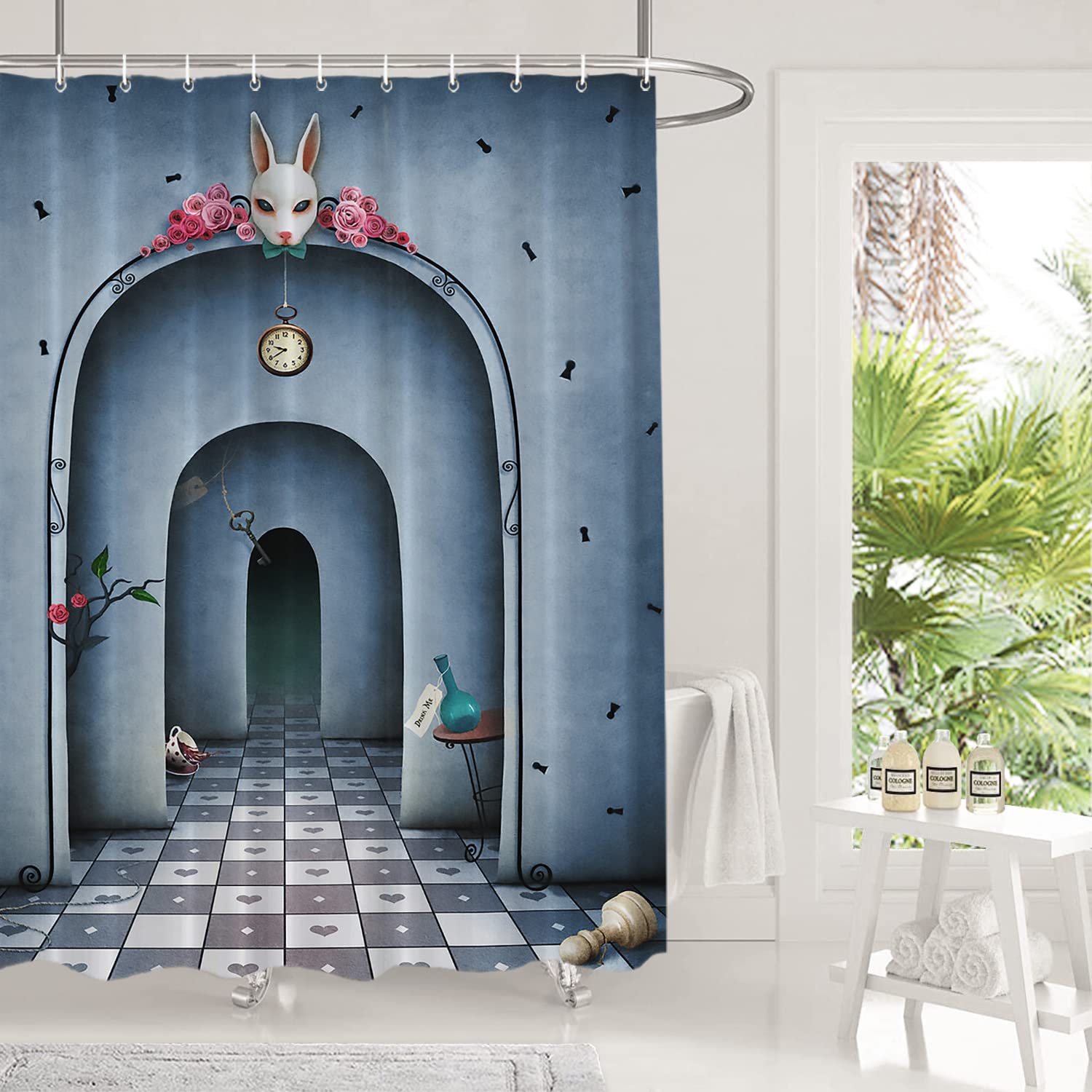 Shrahala Fantasy Blue Book Decorative Shower Curtain, White Rabbit Time Alice Wonderland Bathroom D  Cor Polyester Fiber Waterpr