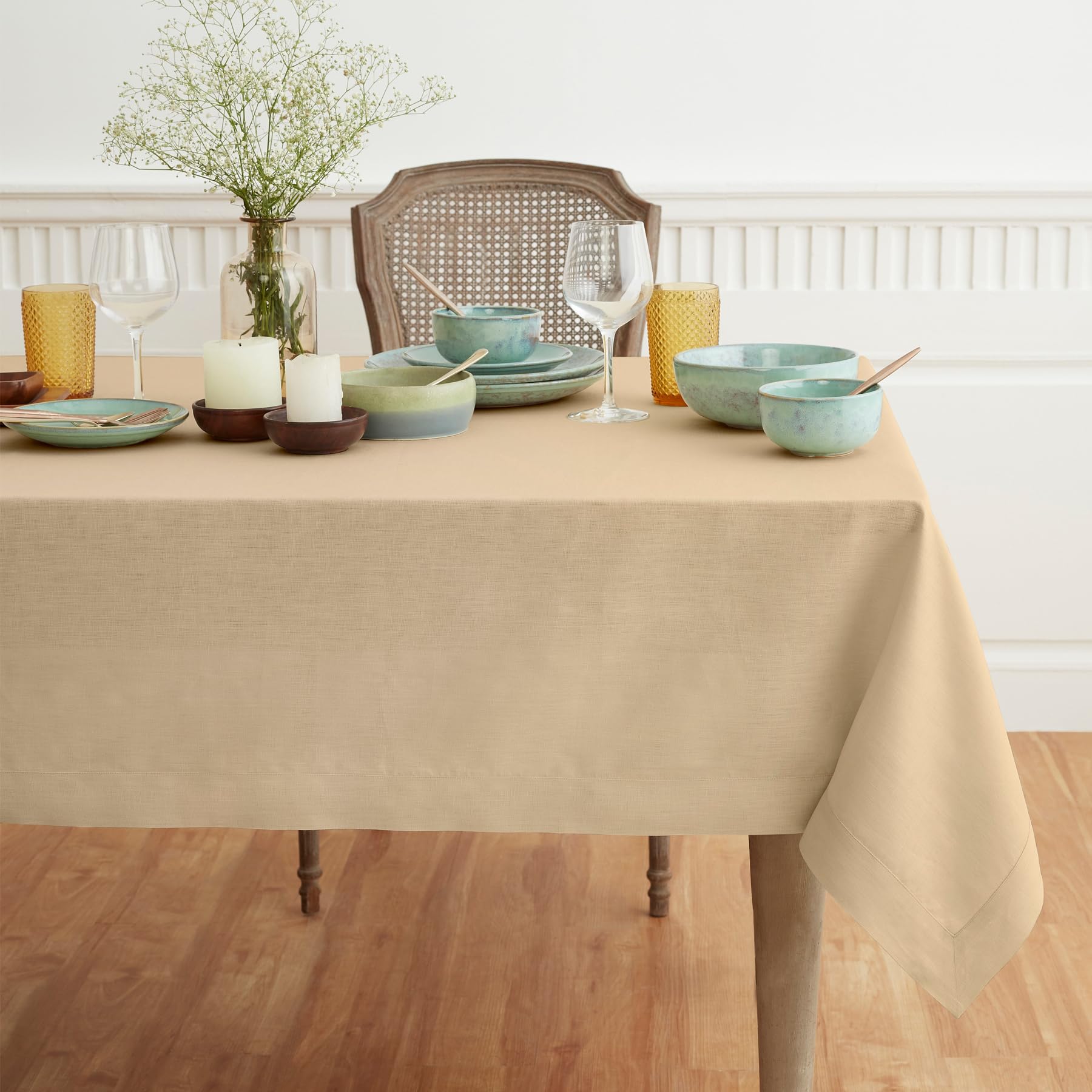 Solino Home Linen Tablecloth - 100% Pure Linen Beige Tablecloth 90 '' L X 60 '' W Inch - Machine Washable Rectangle Tablecloth F