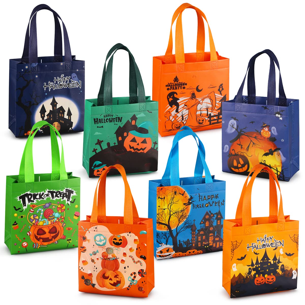 Aviski 8Pcs Halloween Trick Or Treat Bags, Small Halloween Tote Bags With Handles, Gift Bags, Multifunctional Non-Woven Hallowee