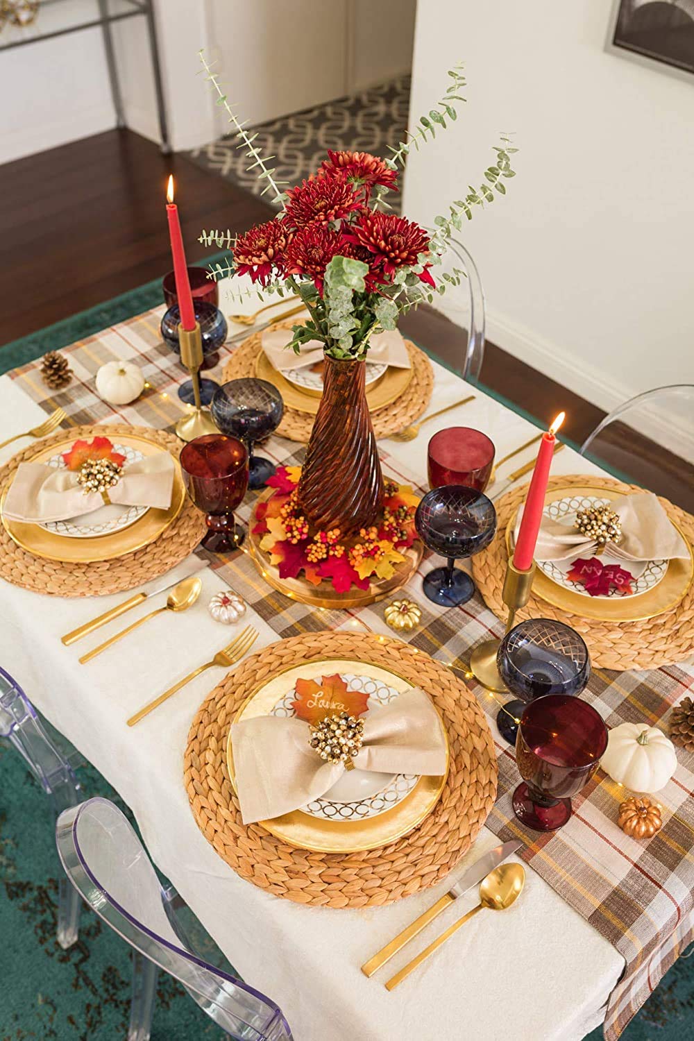 Wenfome Round Woven Placemats Set Of 6-13 Inches Plate Chargers Natural Wicker Placemats Water Hyacinth Straw Braided Tablemats