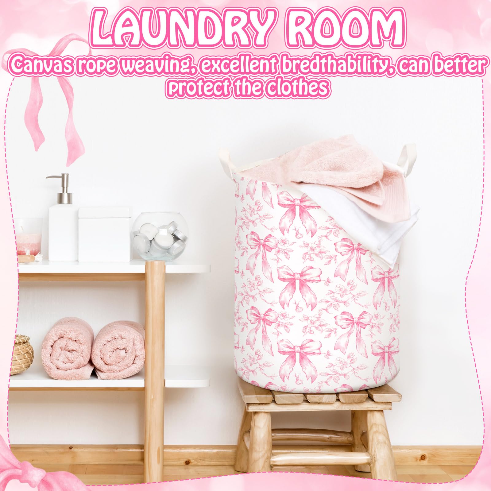 Croblissful 2 Pcs Pink Bow Laundry Basket Coquette Storage Basket For Girls Nursery Hamper With Handles Foldable Waterproof Coll