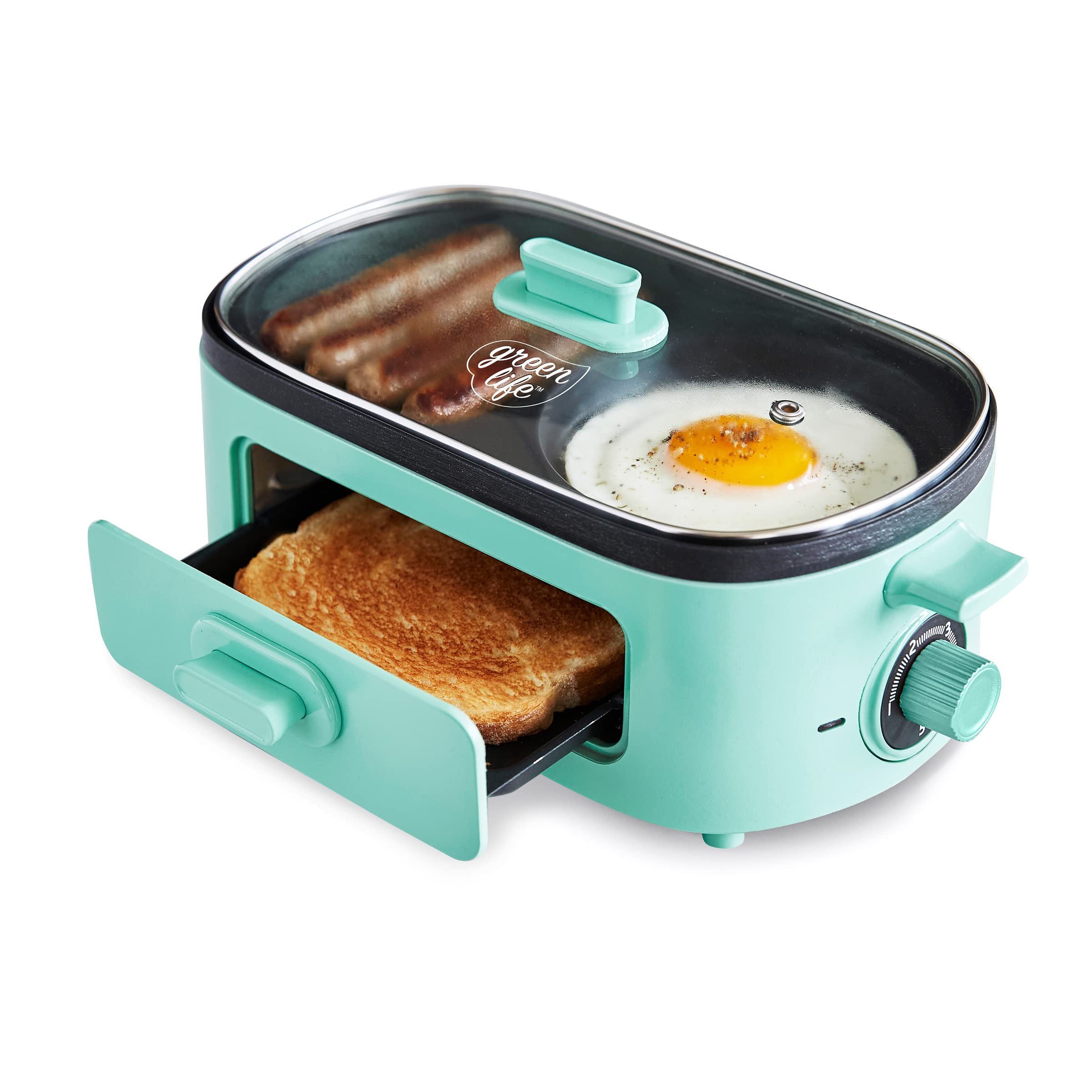 Greenlife 3-In-1 Breakfast Maker Station, Healthy Ceramic Nonstick Dual Griddles For Eggs Meat And Pancakes, 2 Slice Toast Drawe