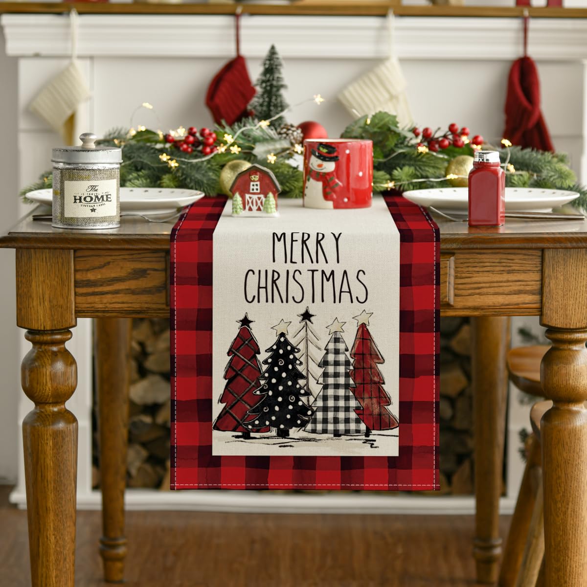 Artoid Mode Watercolor Red And Black Buffalo Plaid Christmas Trees Merry Xmas Table Runner, Seasonal Winter Holiday Kitchen Dini