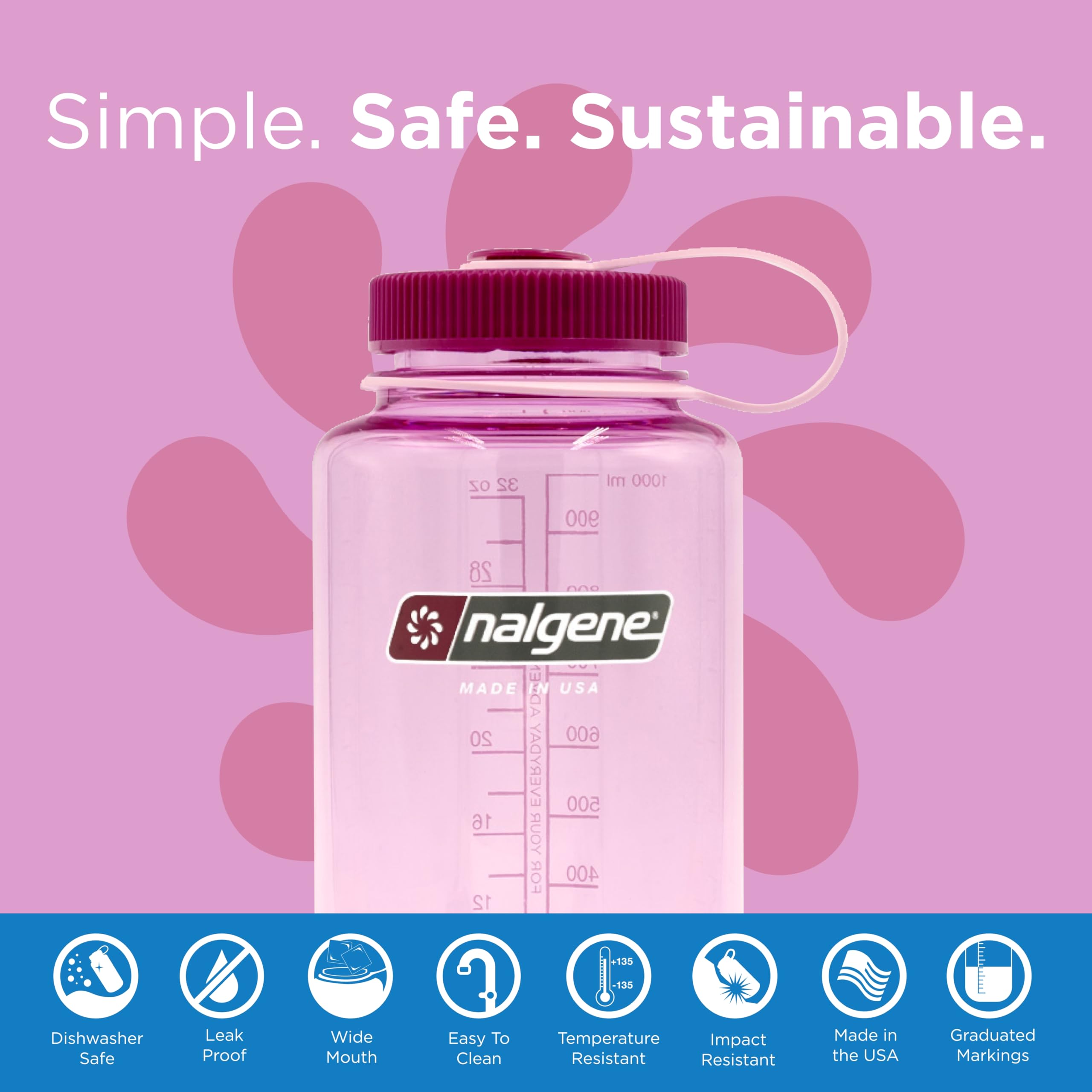 Nalgene Sustain Tritan Bpa-Free Water Bottle Made With Material Derived From 50% Plastic Waste, 32 Oz, Wide Mouth, Cosmo