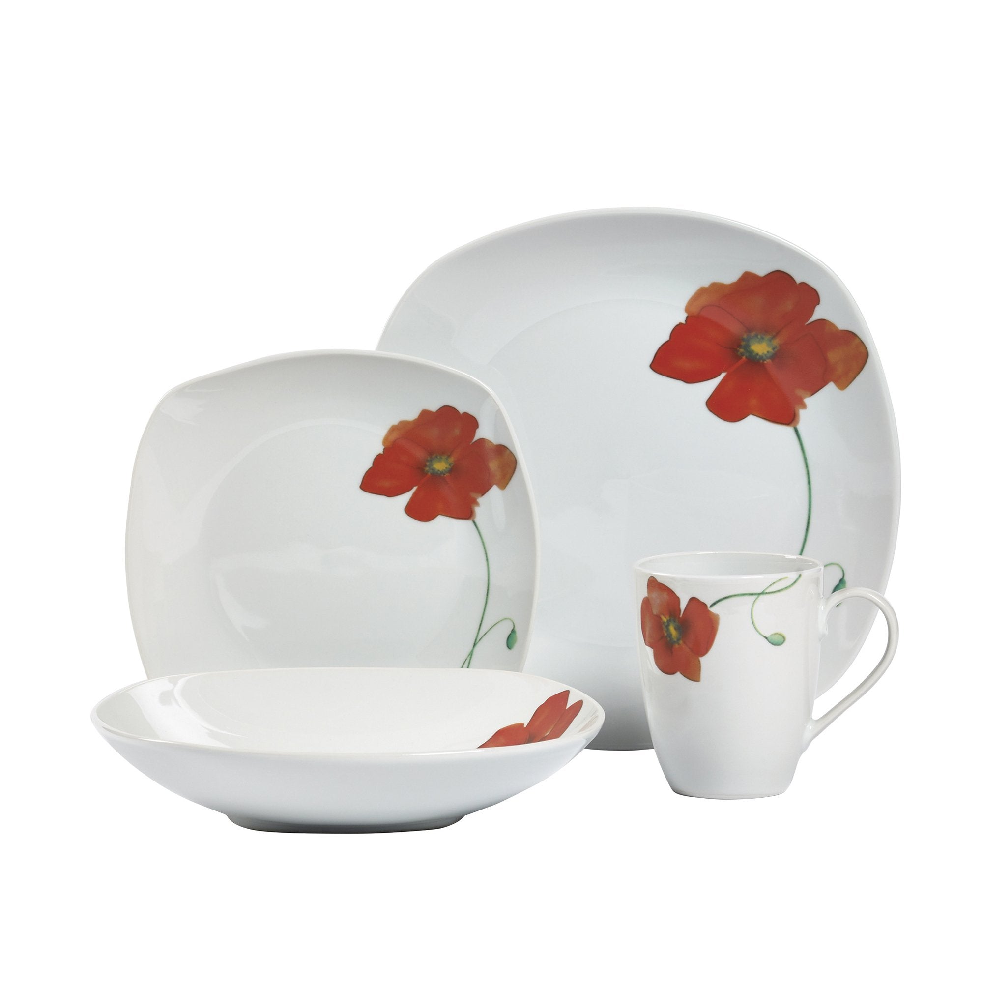 Tabletops Gallery Poppy  16 Piece Square Dinnerware Set, Service of 4