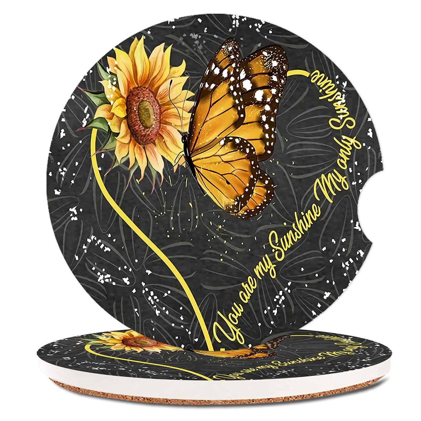Butterfly Sunflower Absorbent Cup Holders Car Coasters,Ceramic Stone Drinks Coaster Set For Women Man 2.56''(2 Pack)