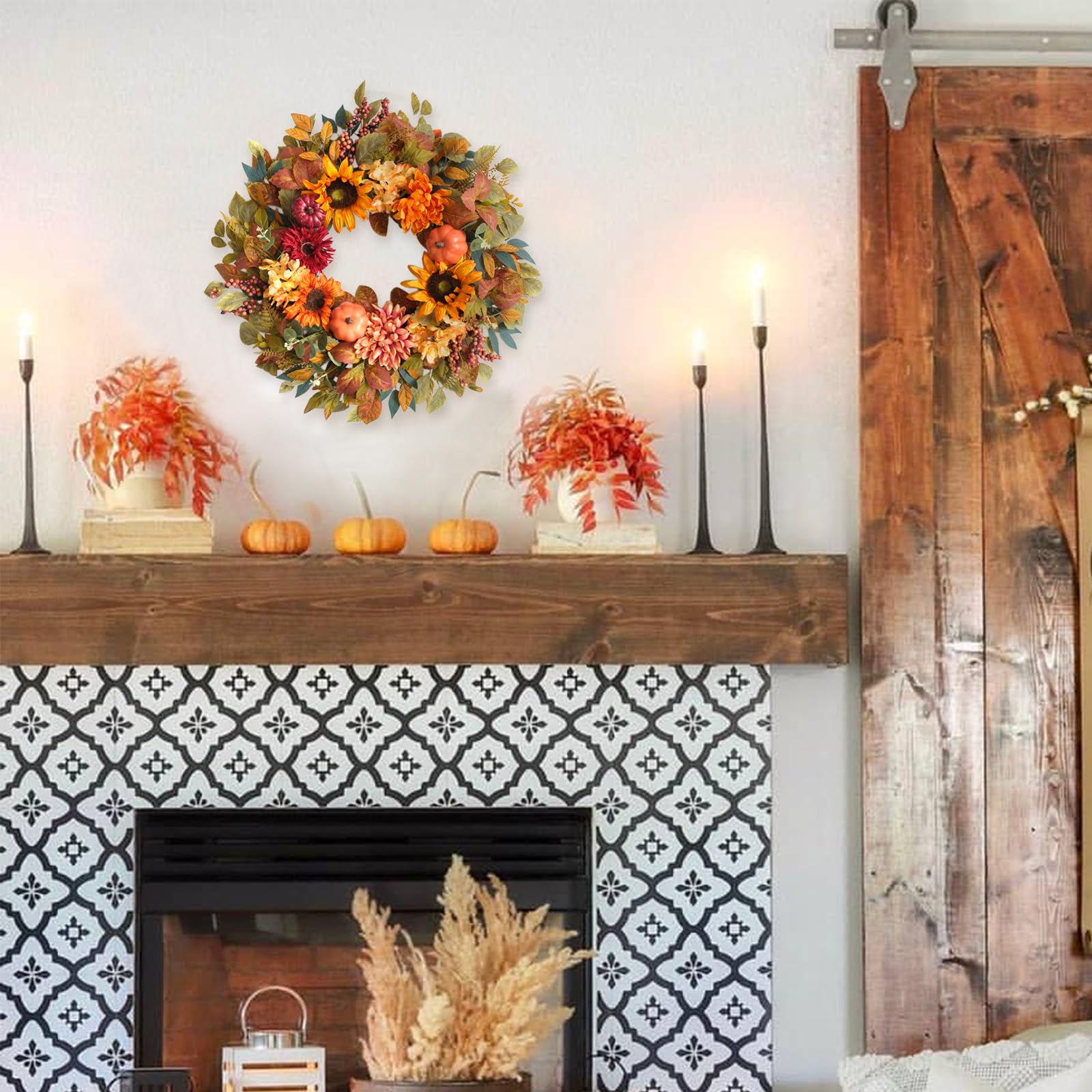 Bibelot 24 Inch Sunflower Pumpkin Fall Wreath for Front Door - Artificial Grapevine Harvest Decor with Dahlias & Hydrangeas, Tha