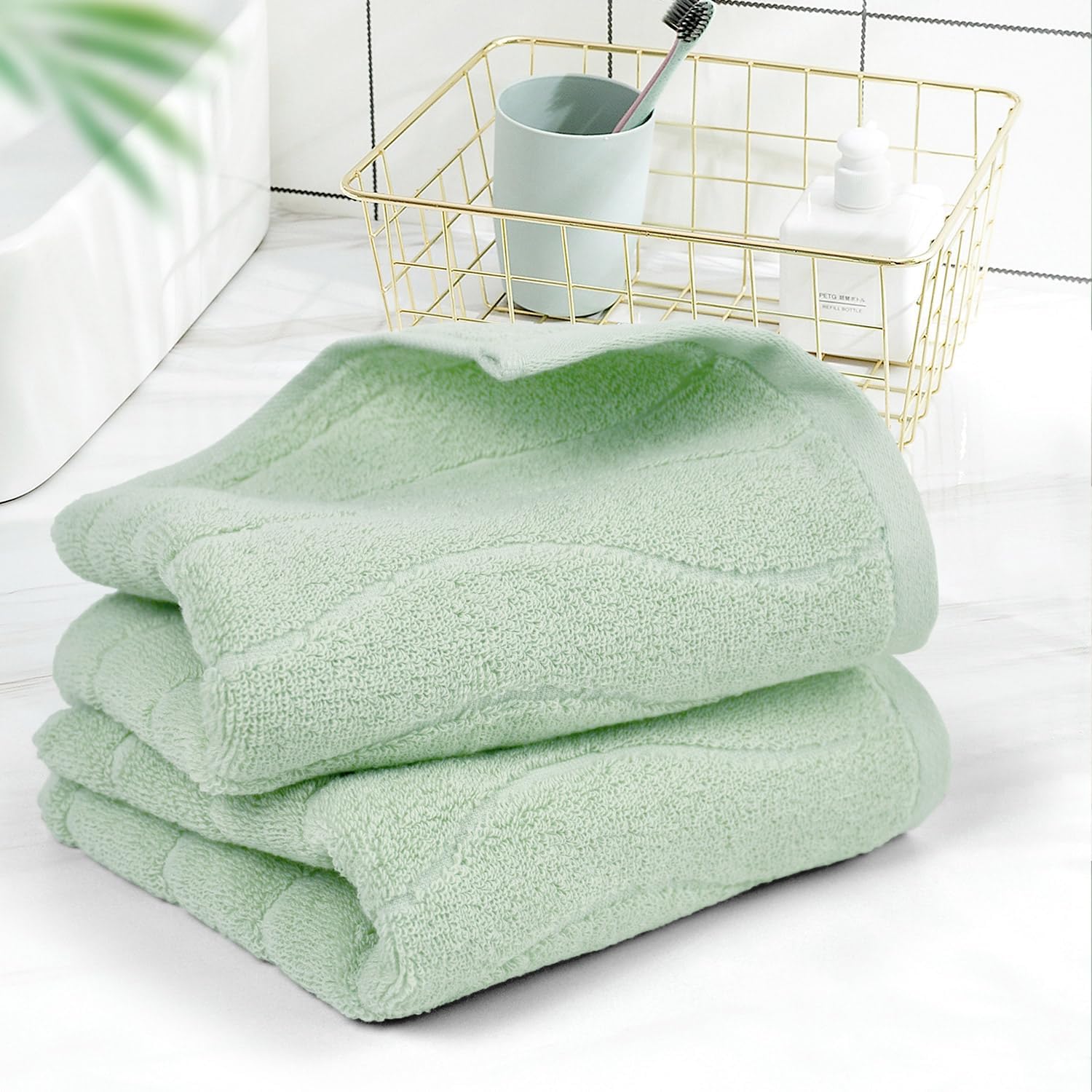 Hand Towels 2 Pack - Light Green Wavy Striped Hand Towels For Bathroom, 100% Natural Cotton Soft Absorbent Decorative Towels, 13