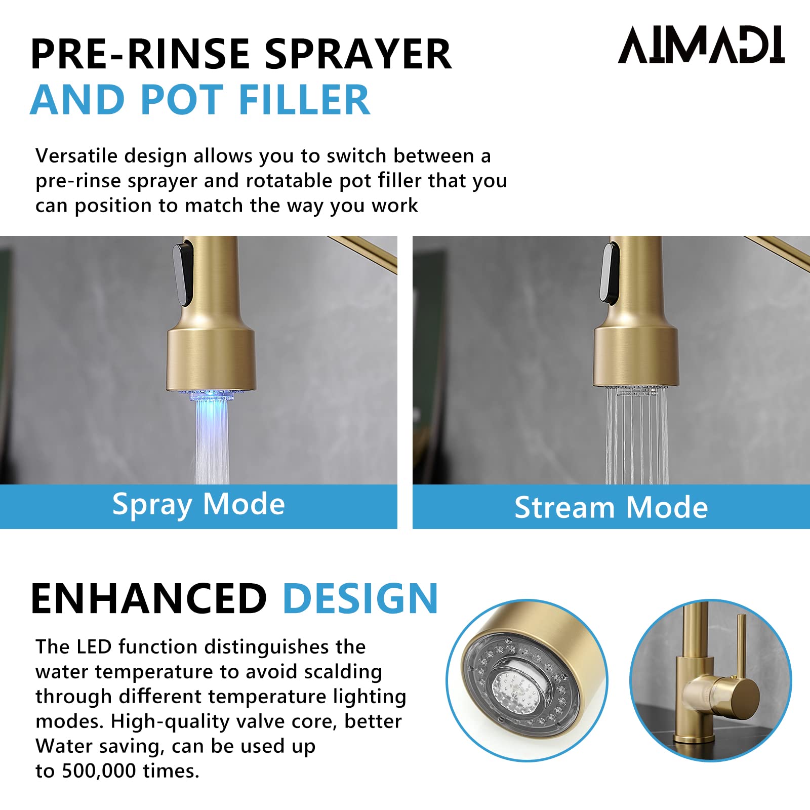Gold Kitchen Faucet with Sprayer AIMADI Modern Single Handle Spring Brushed Gold Pull Down Kitchen Faucet with LED Light