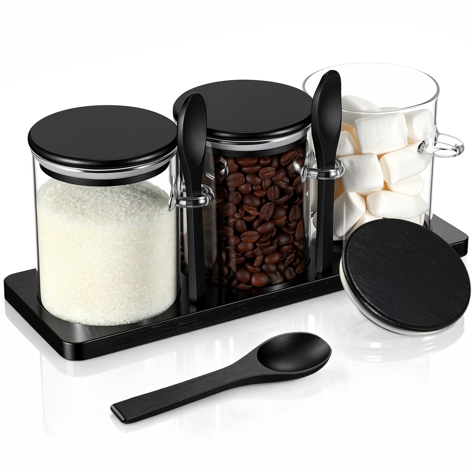 Willinglong 3 Pcs Coffee Bar Accessories Set Glass Condiment Jars with Wooden Lids Spoons, Black Spice Jar Set with Tray, Sugar 