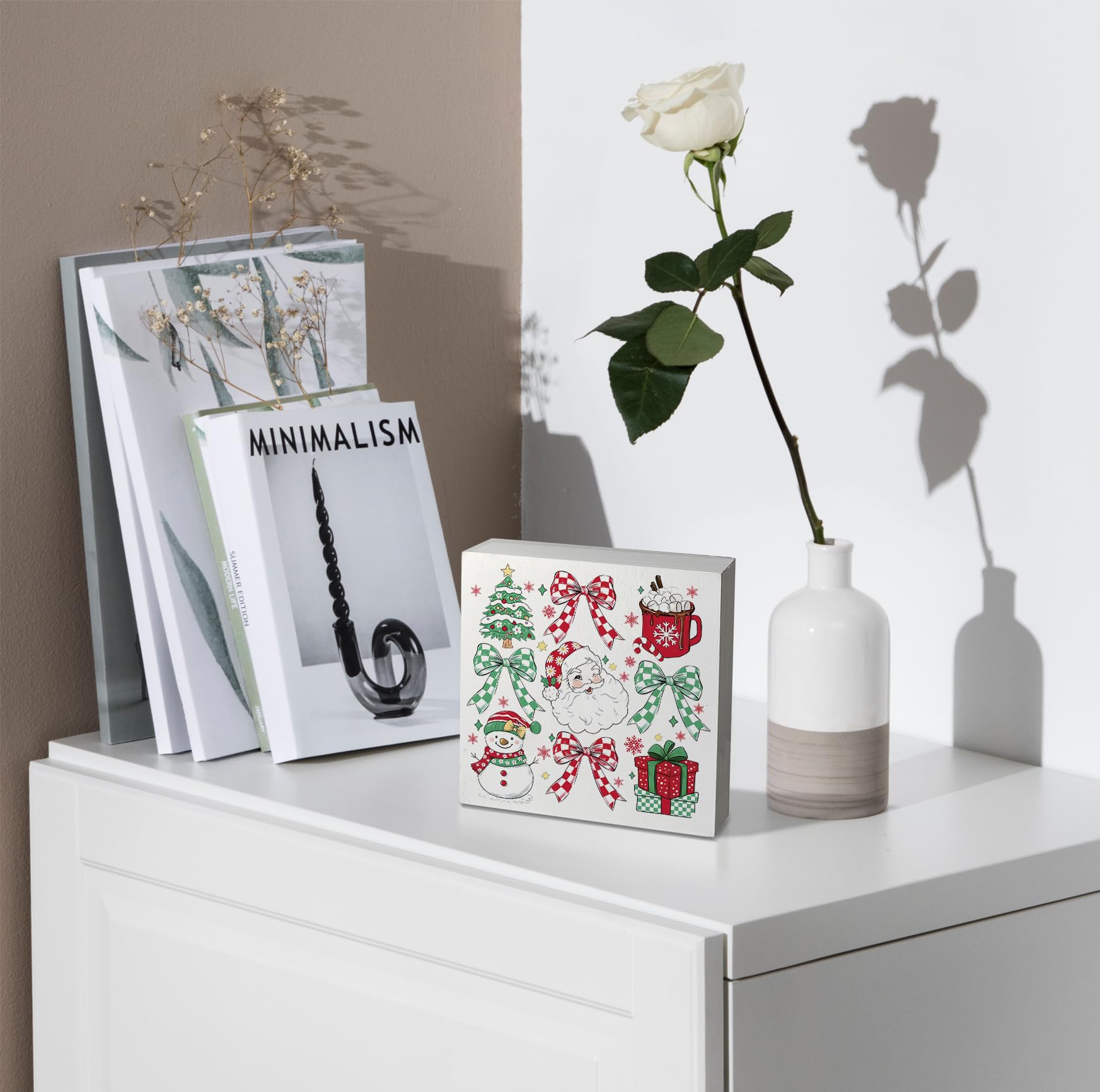 kunlisa Coquette Red and Green Bow Christmas Wooden Sign, Coquette Preppy Christmas Decor, Girly Xmas Tree Santa Snowman Wood Bo