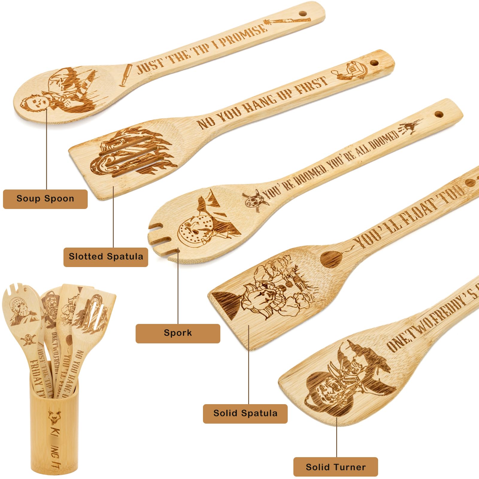 6Pcs Horror Movie Character Cooking Gift Set Wooden Spoons Utensils With Matching Holder - Halloween Movie Merchandise Laser Eng
