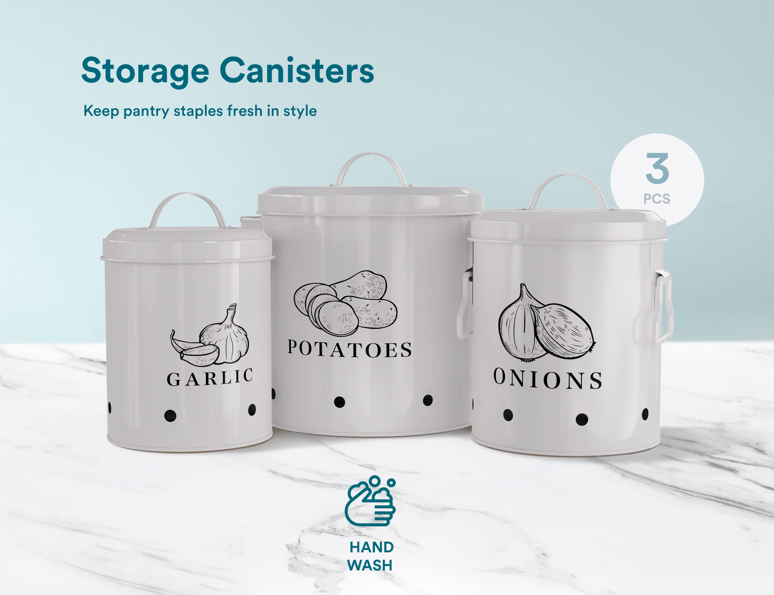 Kook Potato, Onion & Garlic Kitchen Storage Canisters, Rustic Farmhouse Containers With Aerating Holes, Vintage Vegetable Tins,