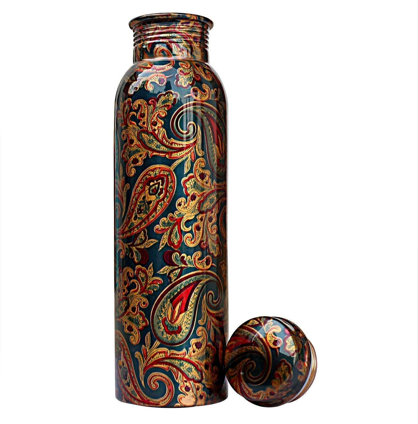 R Ayurveda Copper Copper Water Bottle, 1000Ml, Set Of 1, Green Print