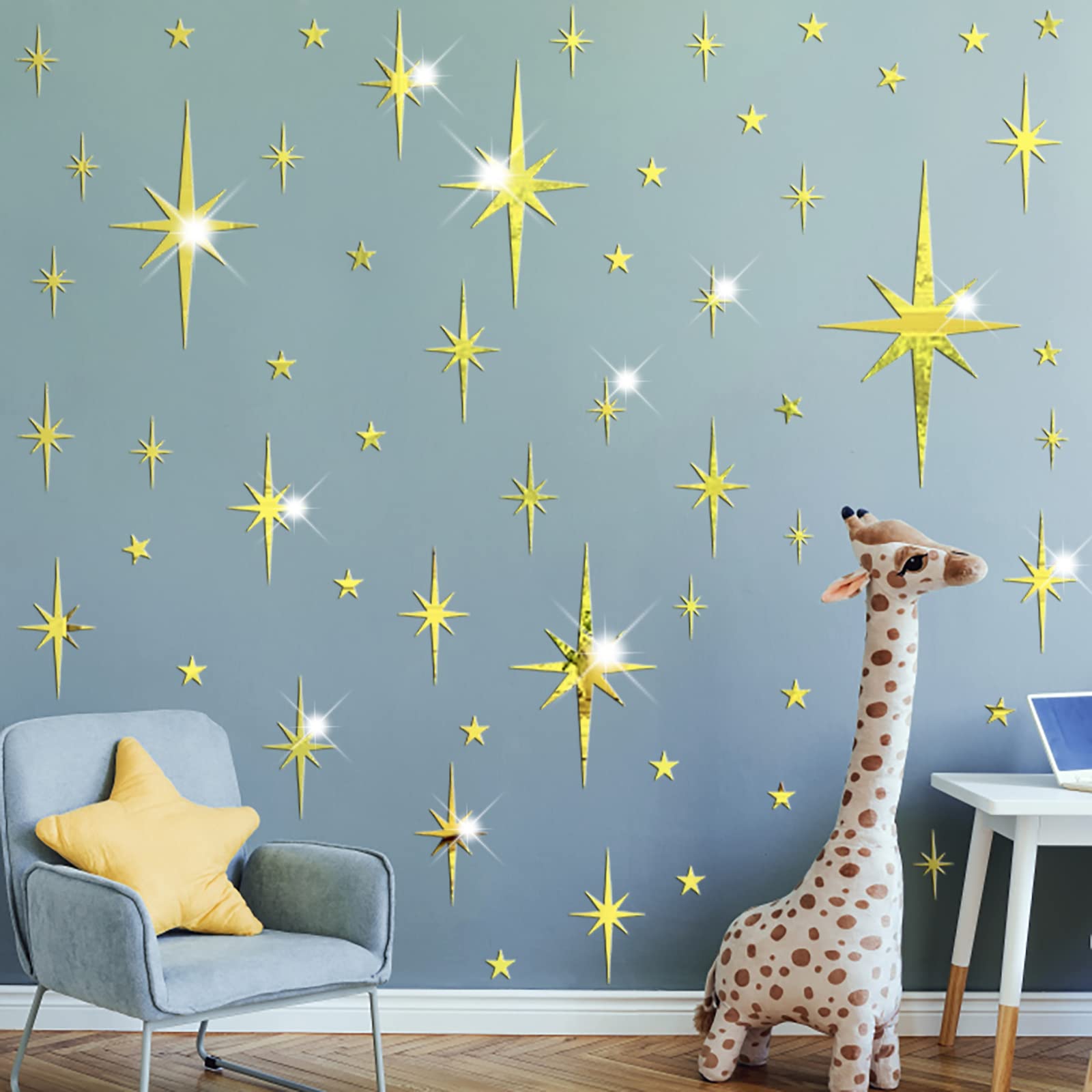 Mirror Wall Stickers Gold Acrylic Star Mirror 3D Wall Decal Peel And Stick Wall Decals Removable Stars Adhesive Mirror Wall Deco