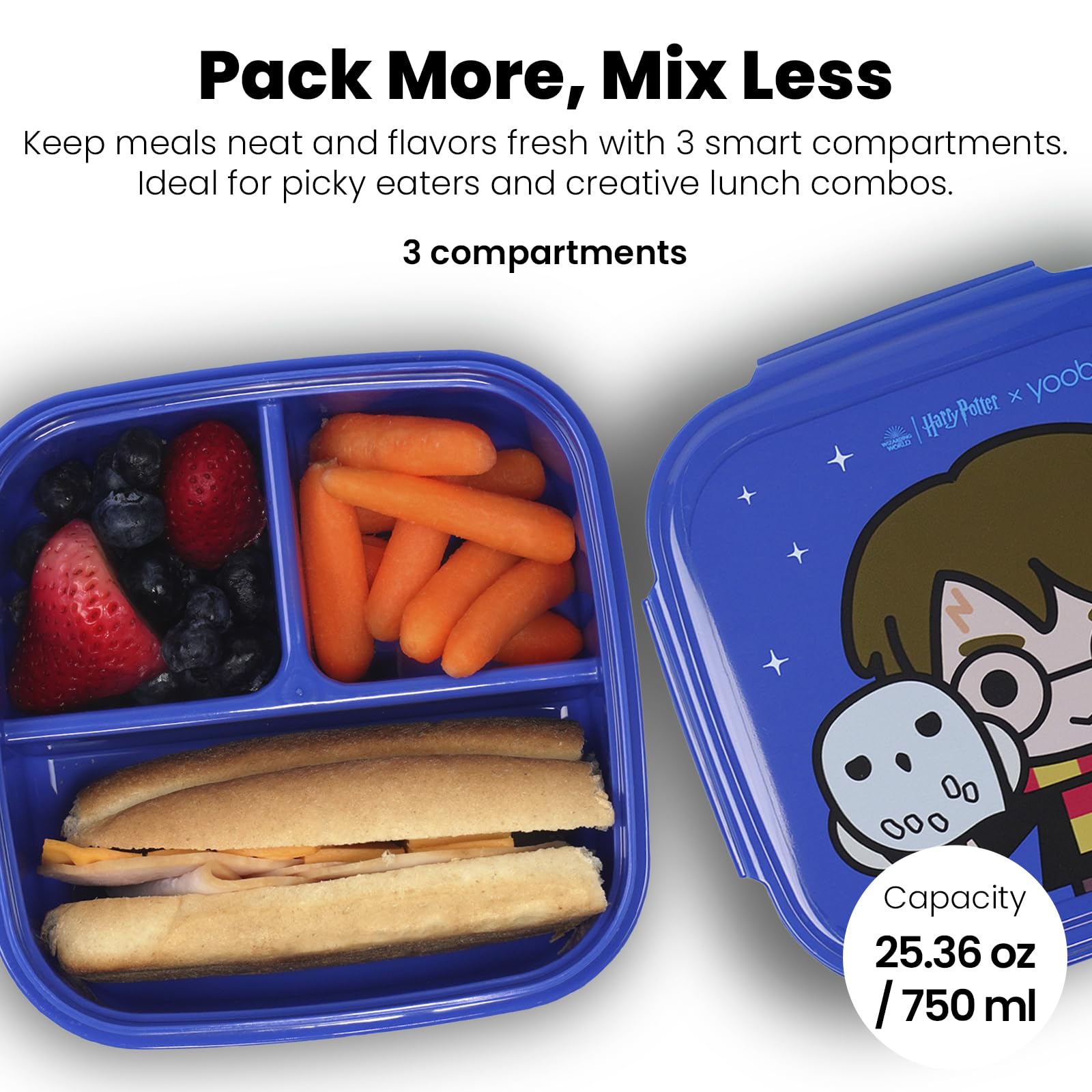 Yoobi Harry Potter X Hedwig Bento Box & Ice Pack - Fun Gift for Kids - 3 Compartment Lunch Box, Dishwasher & Microwave Safe Food