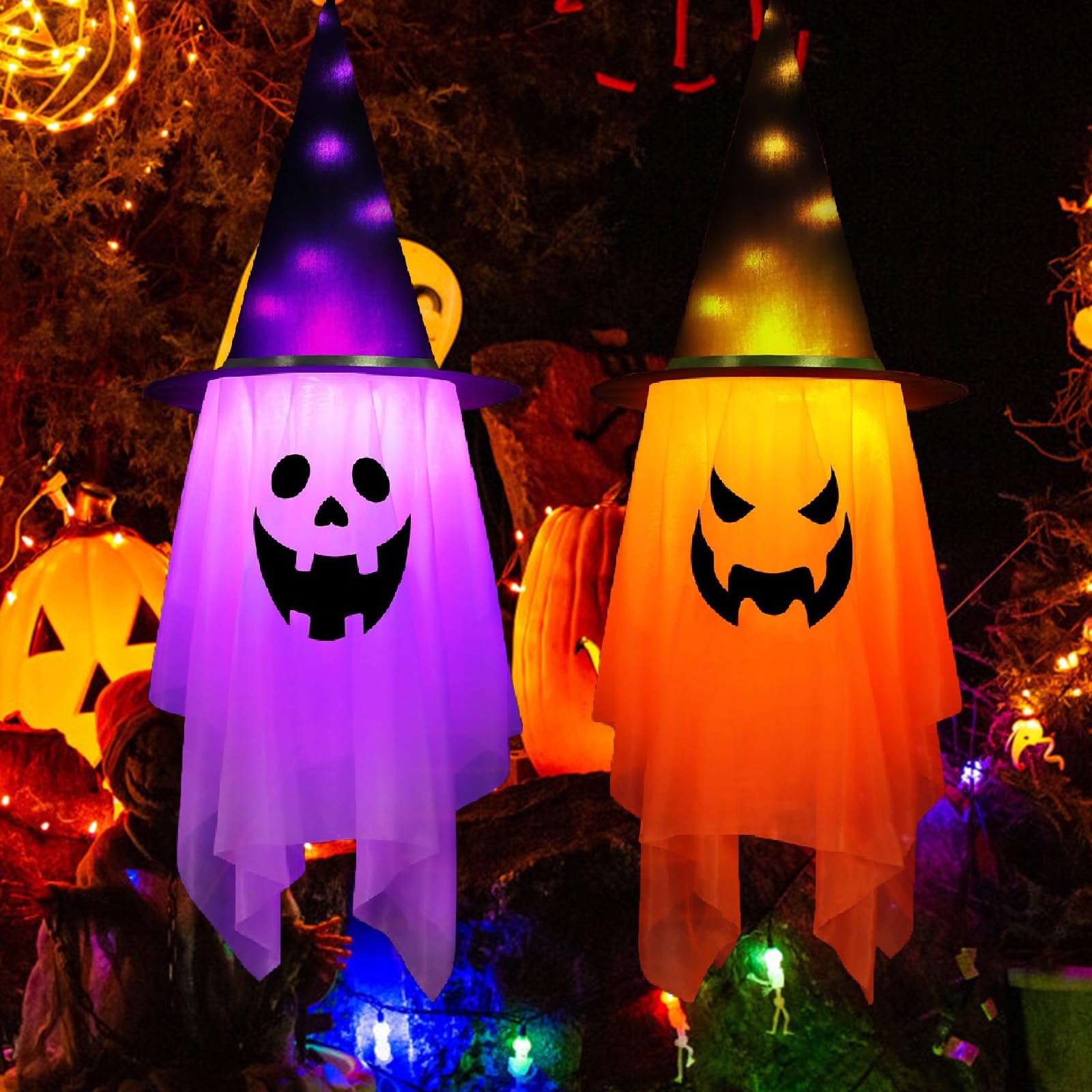 Kevsuvqin 2Pcs Hanging Ghosts Halloween Decor, Halloween Decorations Outdoor with 8Light Modes and Waterproof Battery Box, 42.5x