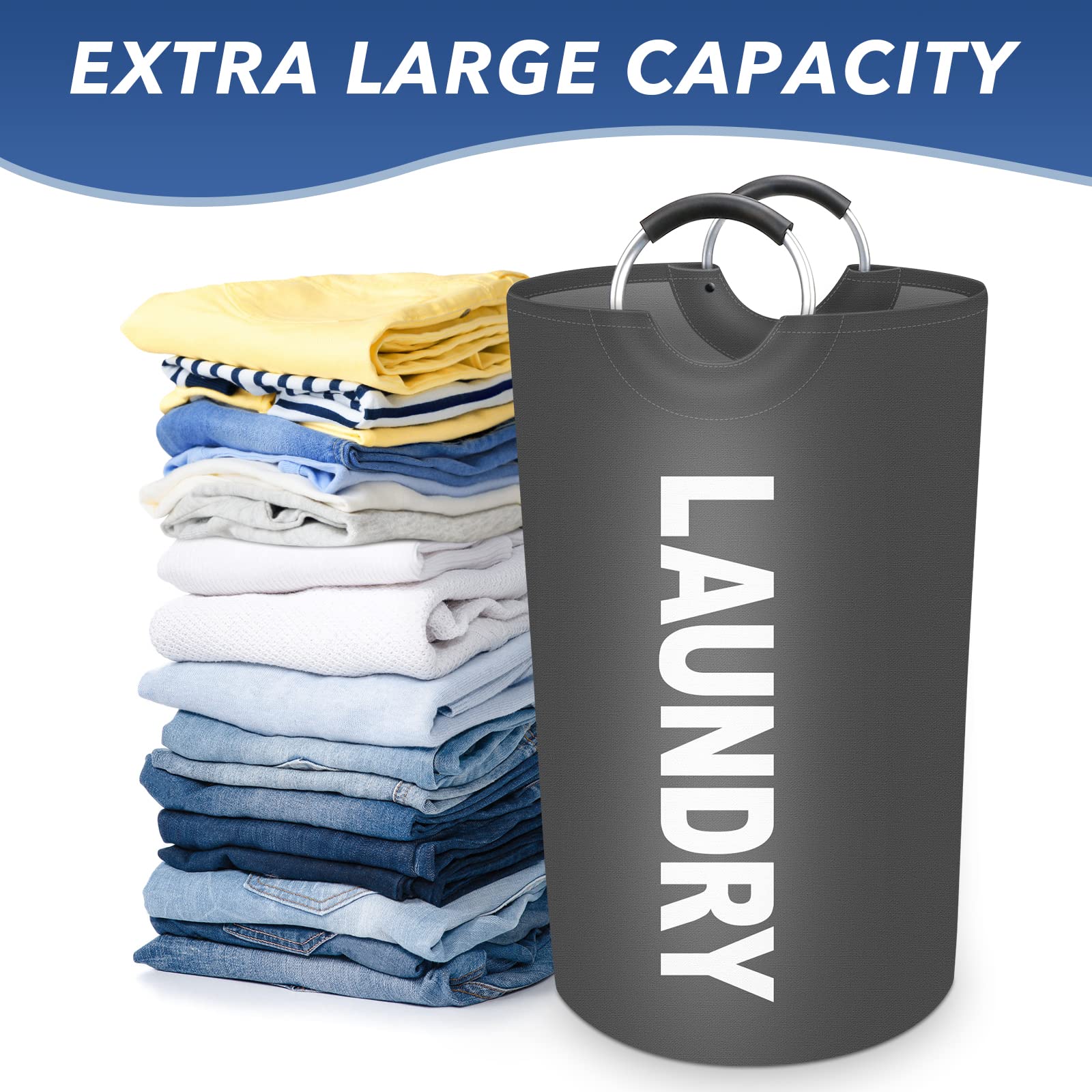 EpicTotes 90L Large Laundry Basket  Freestanding Waterproof Laundry Hamper  Collapsible Folding Tall Clothes Hamper  Easy Carry with Foam Protected Aluminum Handles for Dorm  Family  Travel (Grey)