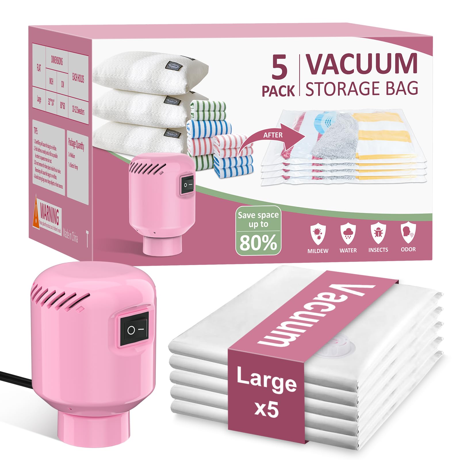 Vacuum Seal Bags for Clothing Travel, 5 Pack Space Saver Vacuum Storage Bags with Electric Pump,Portable Compression Sealer for