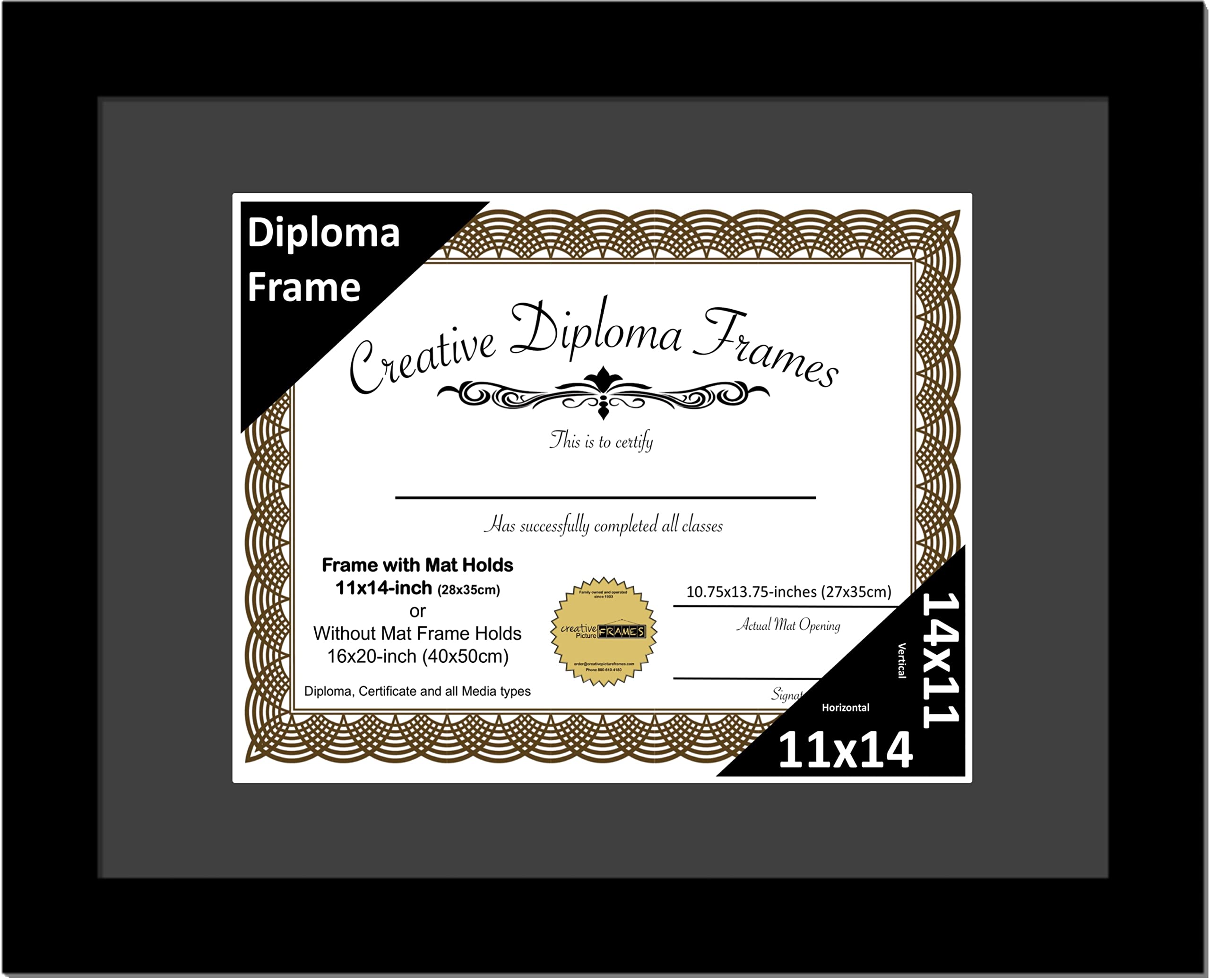 Creative Picture Frames 11x14 Classic Black Diploma Frame with Black Mat Glass Easel and Installed Wall Hangers