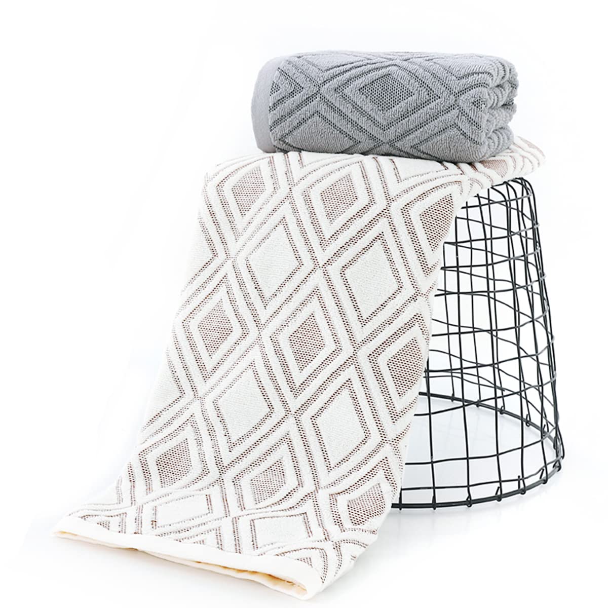 Pidada Bath Towel Diamond Pattern 100% Cotton Absorbent Soft Decorative Towel For Bathroom 27.6 X 55 Inch (Gray)