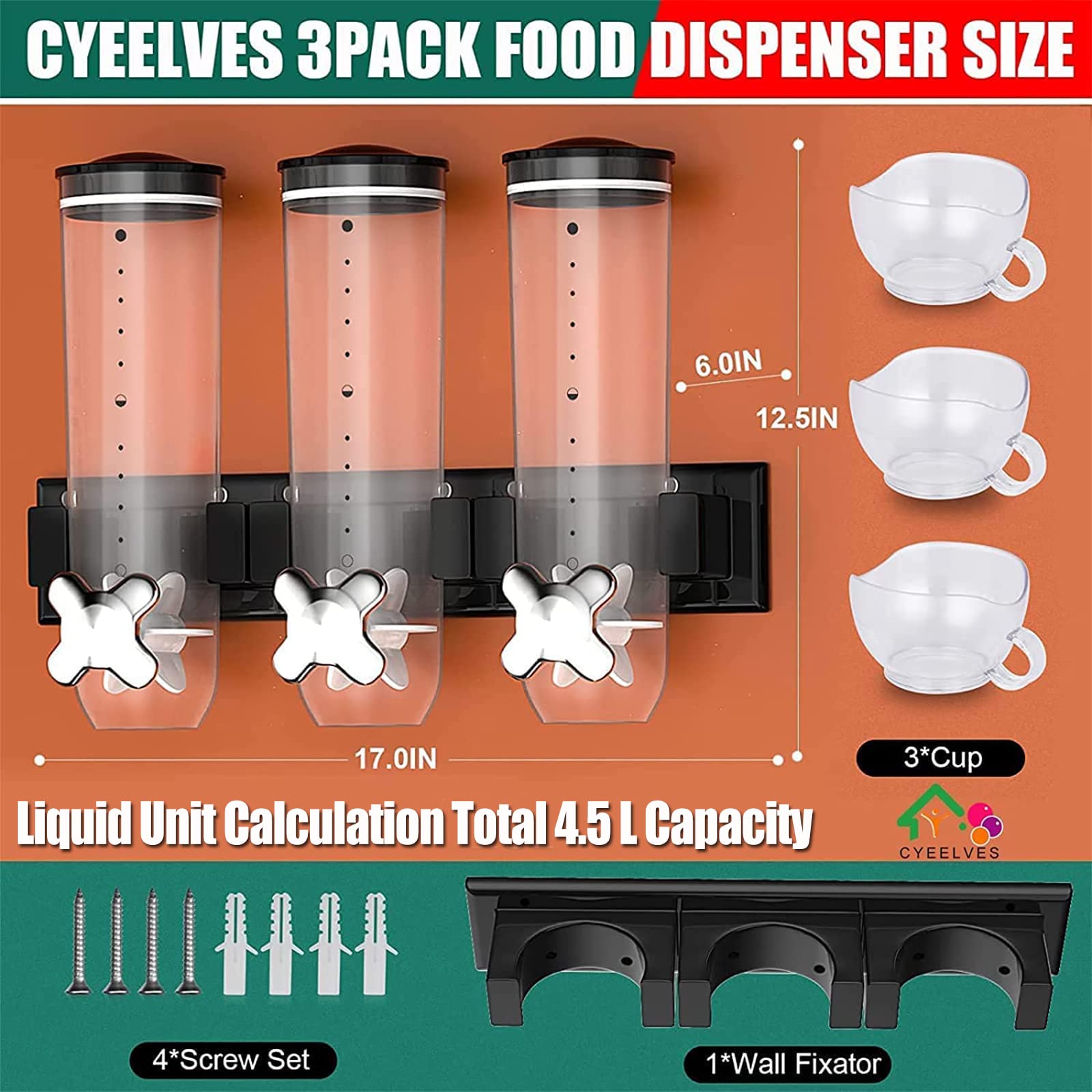 Cyeelves Wall Mounted Triple Food Dispenser, 4.5L Capacity, Black, ABS Material