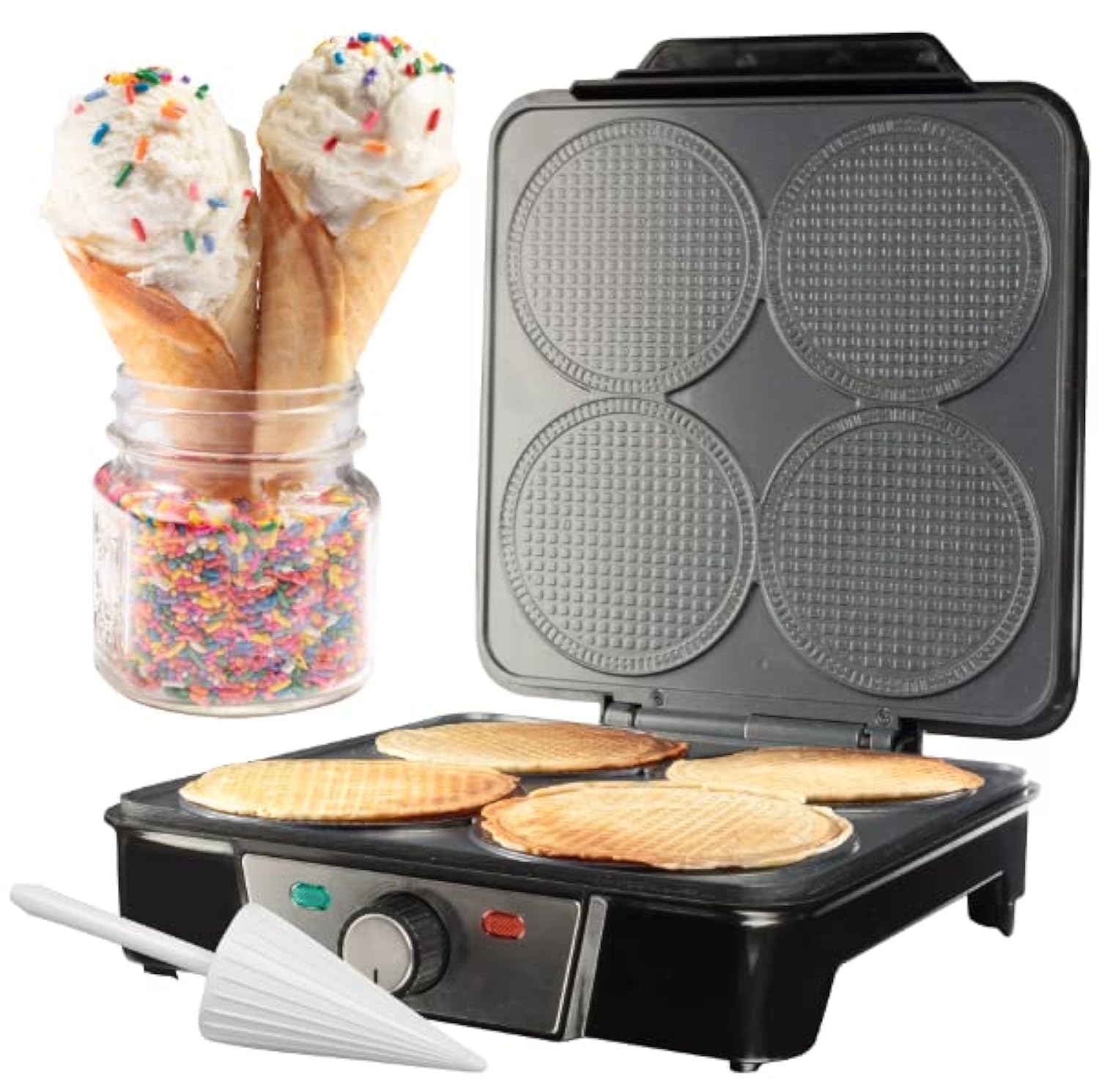 Mini Waffle Ice Cream Cone Maker - Bake 4 Homemade Mini Cones at Once, Includes Shaper Roller - Make Fun Bite Sized Entertaining