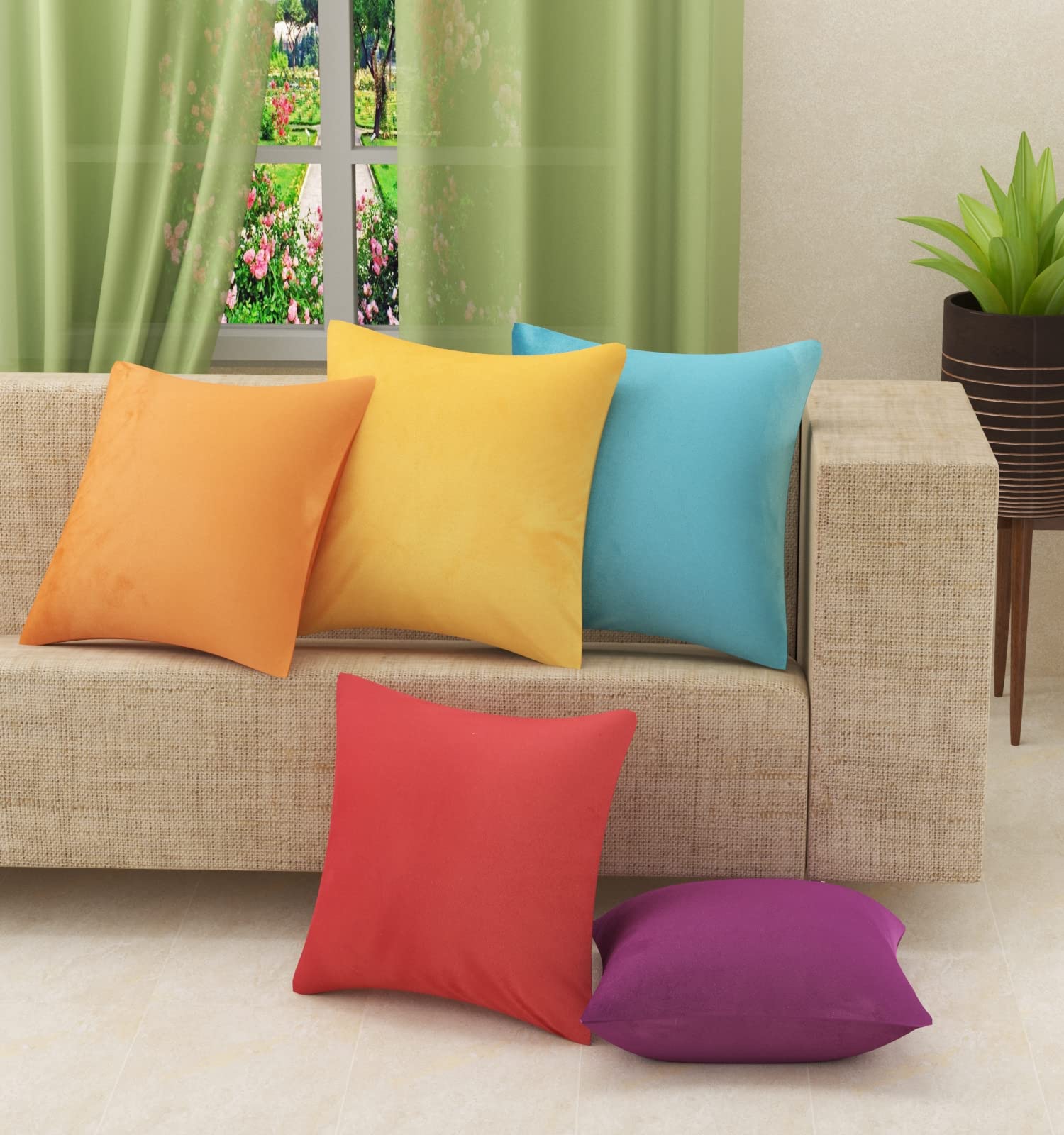Stuffique Velvet Throw Pillow Cover 190 Tc Solid Plain Cushion Covers Set Of 5 For Sofa Couch Bed Chair 12 X 12 Inch, Multi4